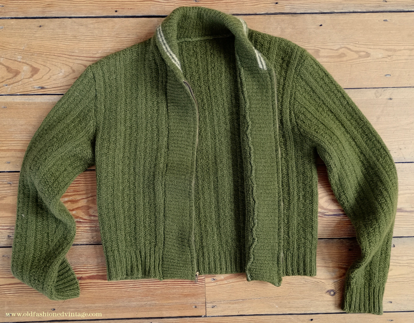 Vintage Mens 1950s Knitted Lumberjacket Zip Up Cardigan Sweater Olive Green Wool S/M