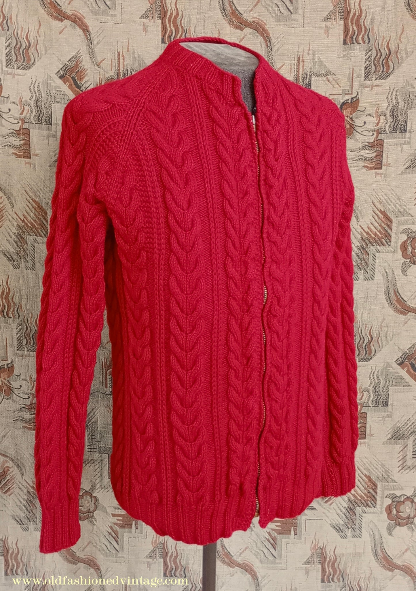 Vintage Mens 1950s Hand Knitted Lumberjacket Zip Up Cardigan Sweater Cable Stitch Red UK M