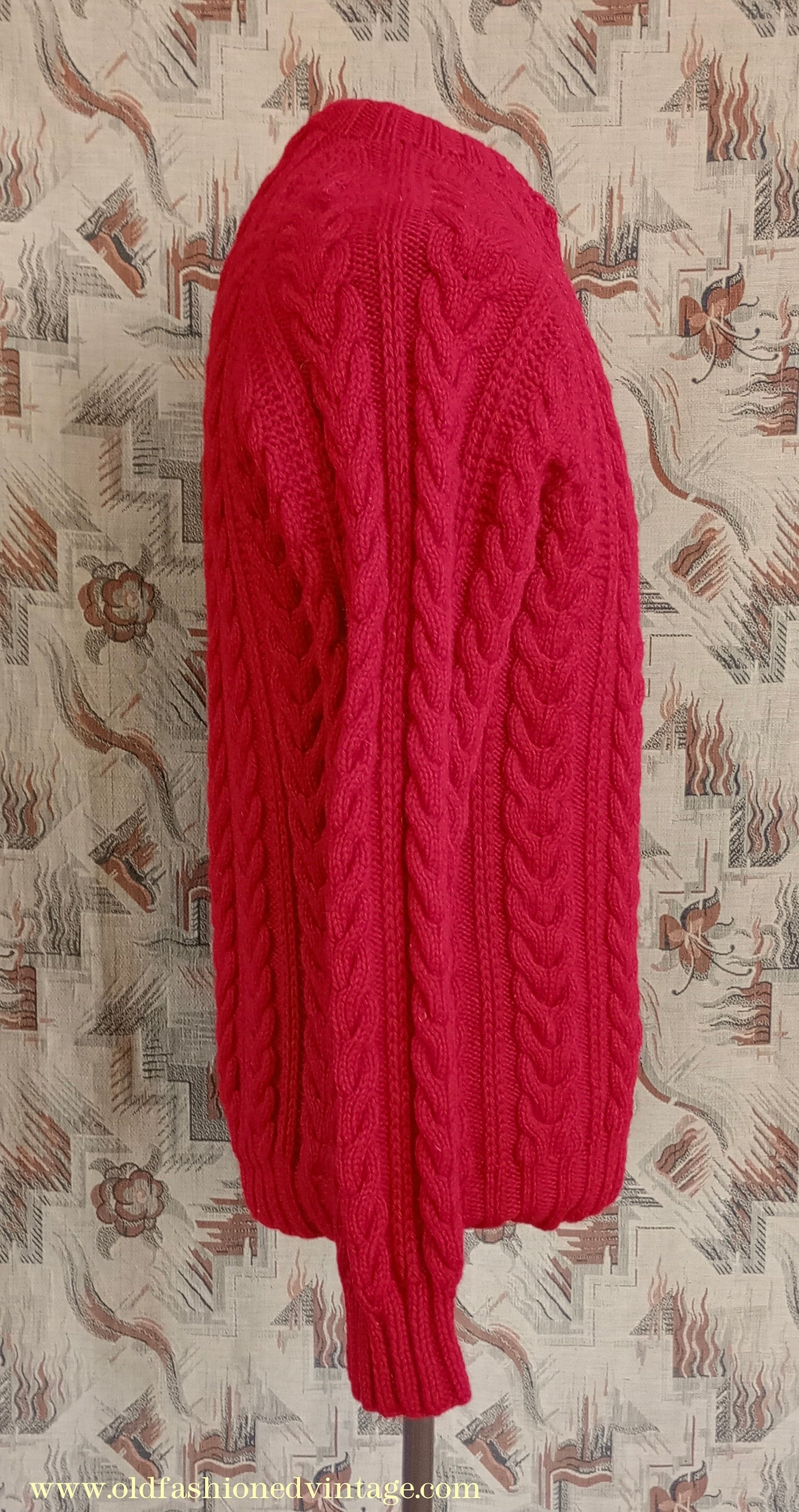 Vintage Mens 1950s Hand Knitted Lumberjacket Zip Up Cardigan Sweater Cable Stitch Red UK M