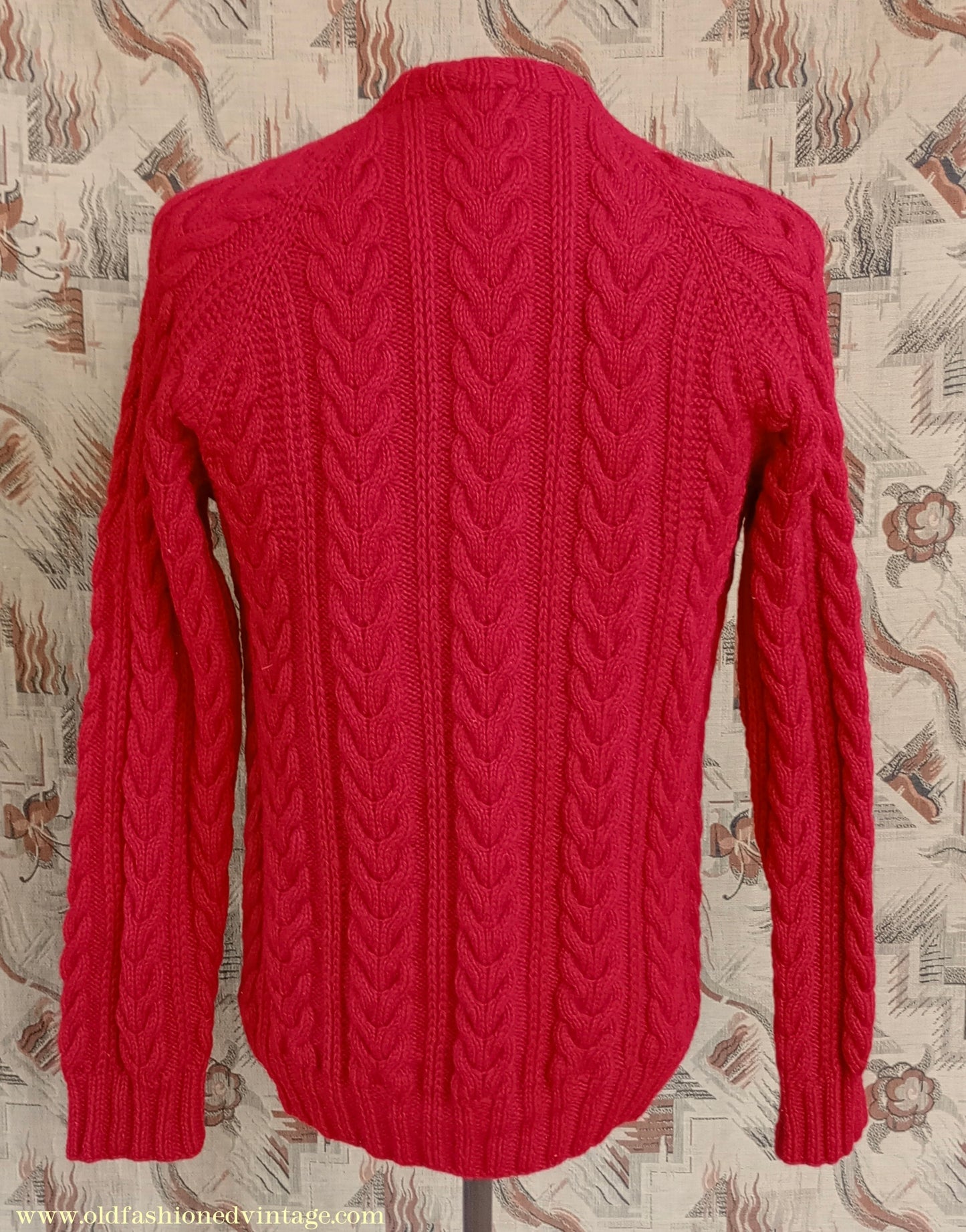 Vintage Mens 1950s Hand Knitted Lumberjacket Zip Up Cardigan Sweater Cable Stitch Red UK M