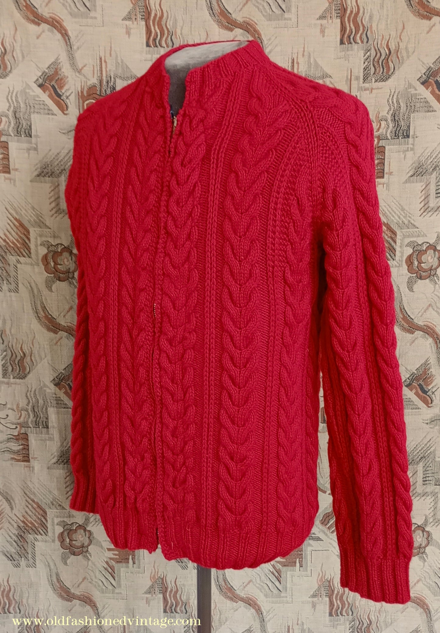 Vintage Mens 1950s Hand Knitted Lumberjacket Zip Up Cardigan Sweater Cable Stitch Red UK M