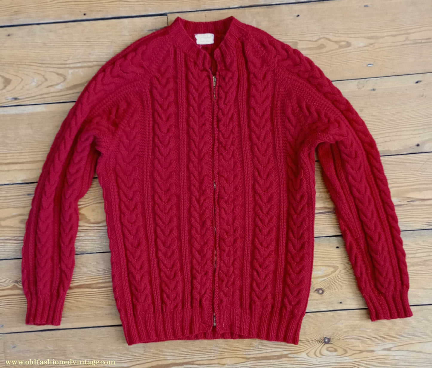 Vintage Mens 1950s Hand Knitted Lumberjacket Zip Up Cardigan Sweater Cable Stitch Red UK M