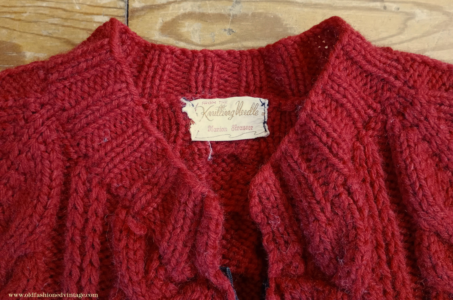Vintage Mens 1950s Hand Knitted Lumberjacket Zip Up Cardigan Sweater Cable Stitch Red UK M