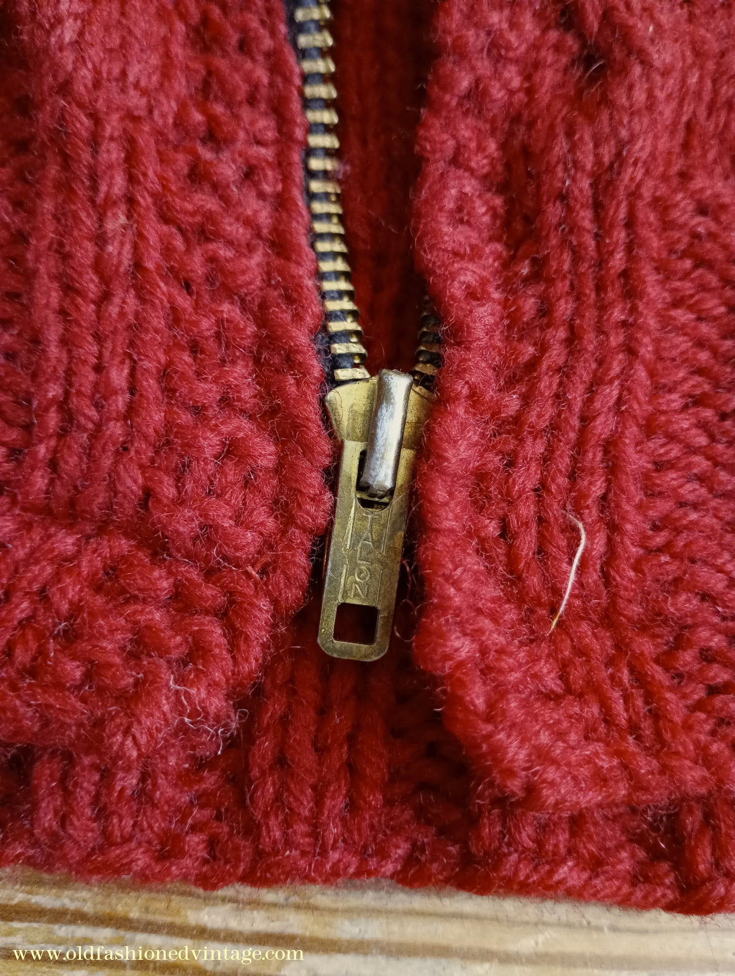 Vintage Mens 1950s Hand Knitted Lumberjacket Zip Up Cardigan Sweater Cable Stitch Red UK M