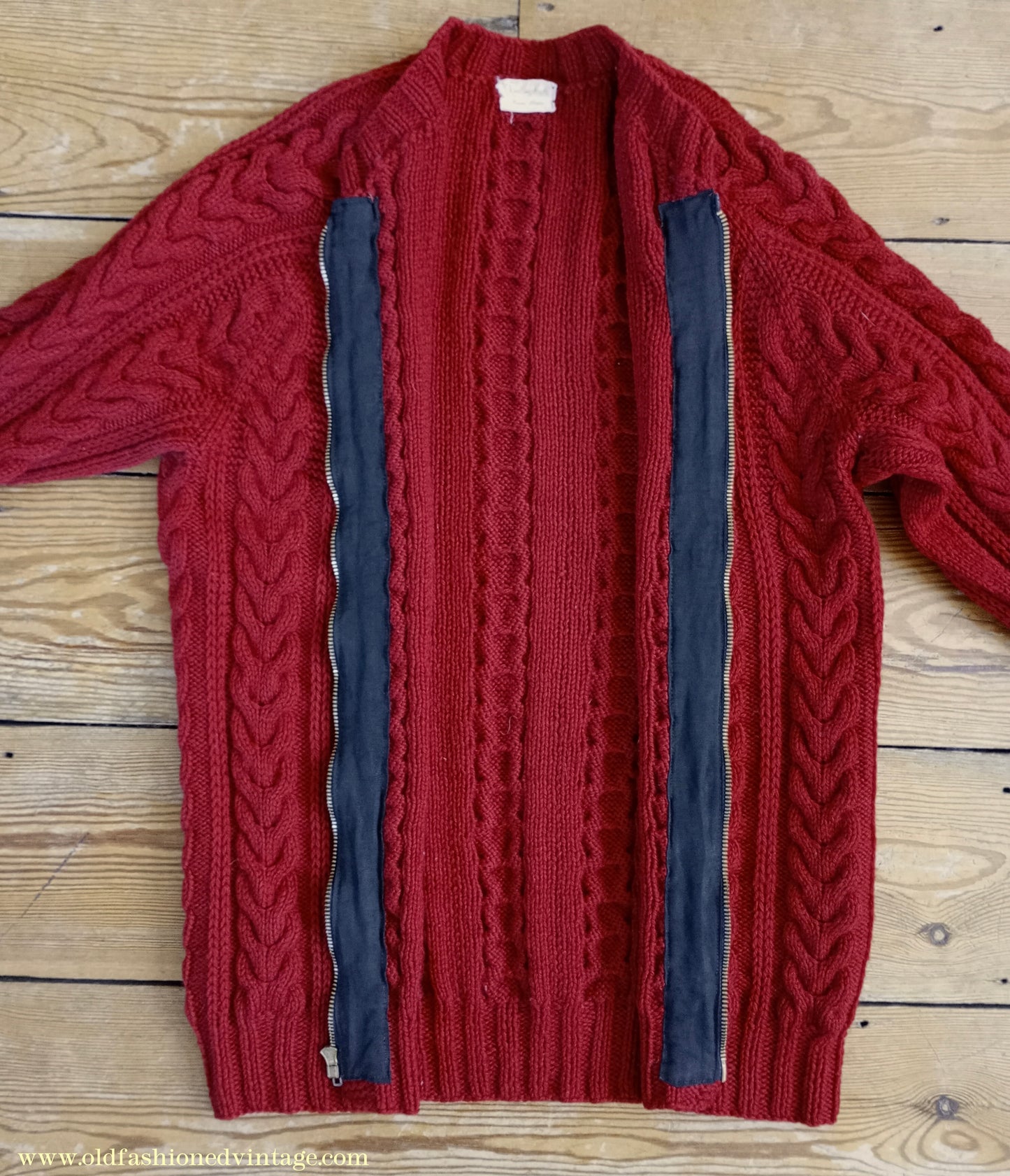 Vintage Mens 1950s Hand Knitted Lumberjacket Zip Up Cardigan Sweater Cable Stitch Red UK M