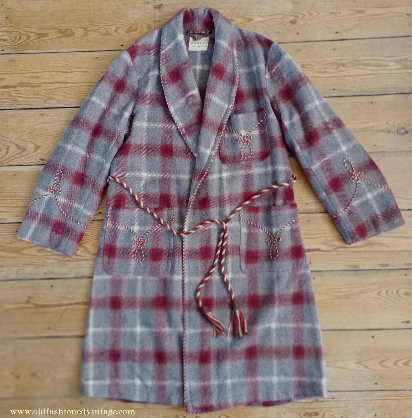 Vintage Mens 1950s Morley Wool Dressing Gown Robe Grey Brown Red White Bold Check Plaid UK M