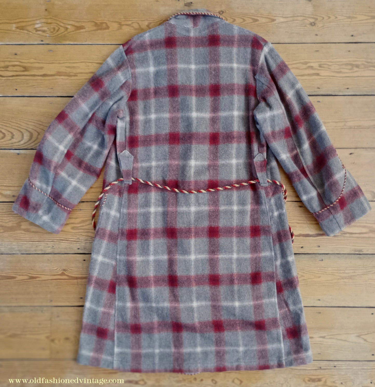 Vintage Mens 1950s Morley Wool Dressing Gown Robe Grey Brown Red White Bold Check Plaid UK M