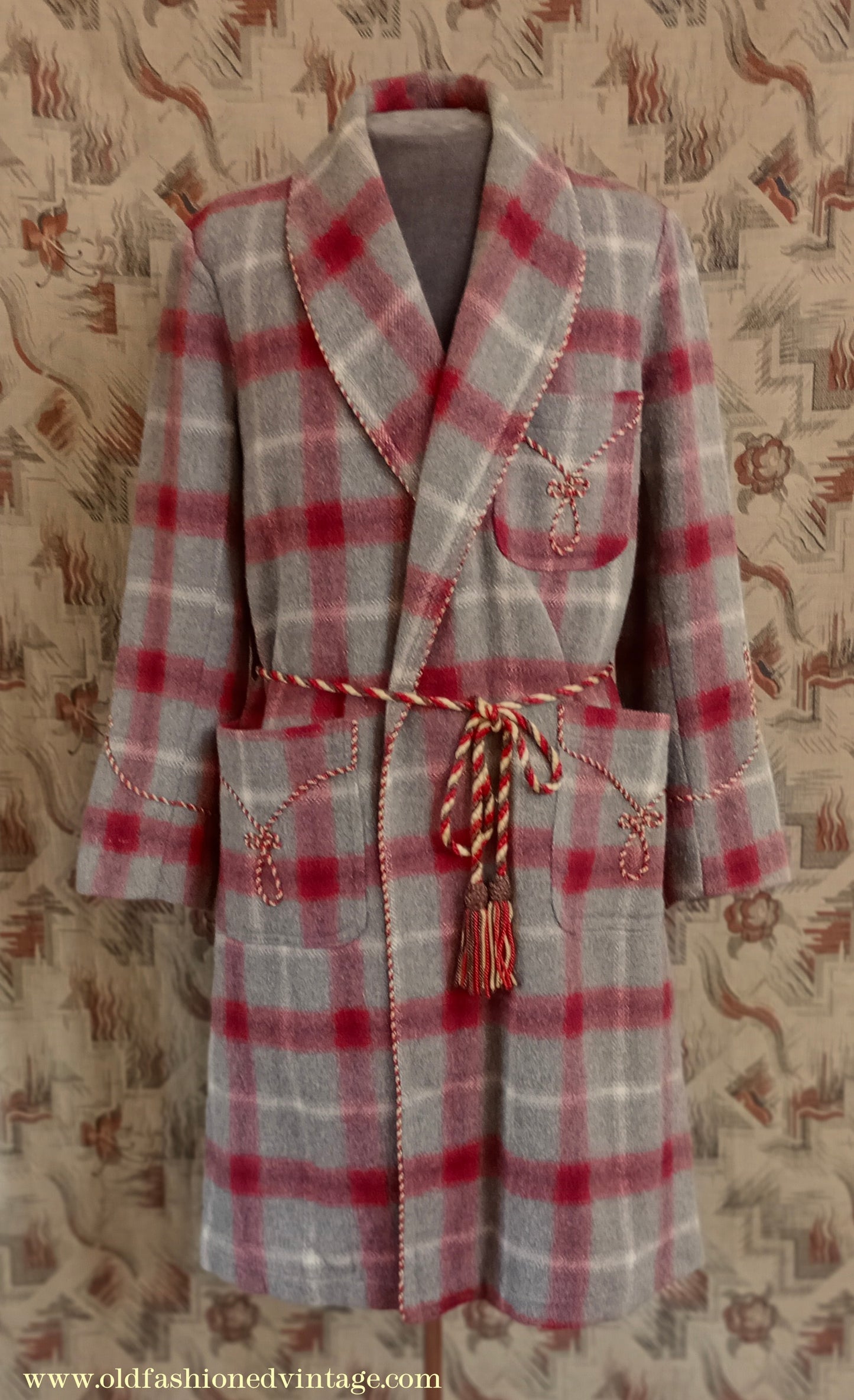 Vintage Mens 1950s Morley Wool Dressing Gown Robe Grey Brown Red White Bold Check Plaid UK M