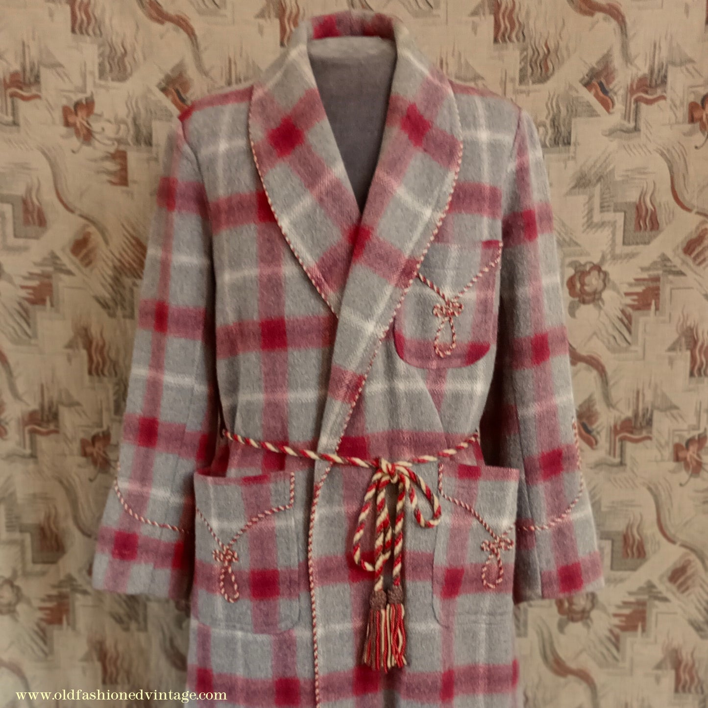 Vintage Mens 1950s Morley Wool Dressing Gown Robe Grey Brown Red White Bold Check Plaid UK M