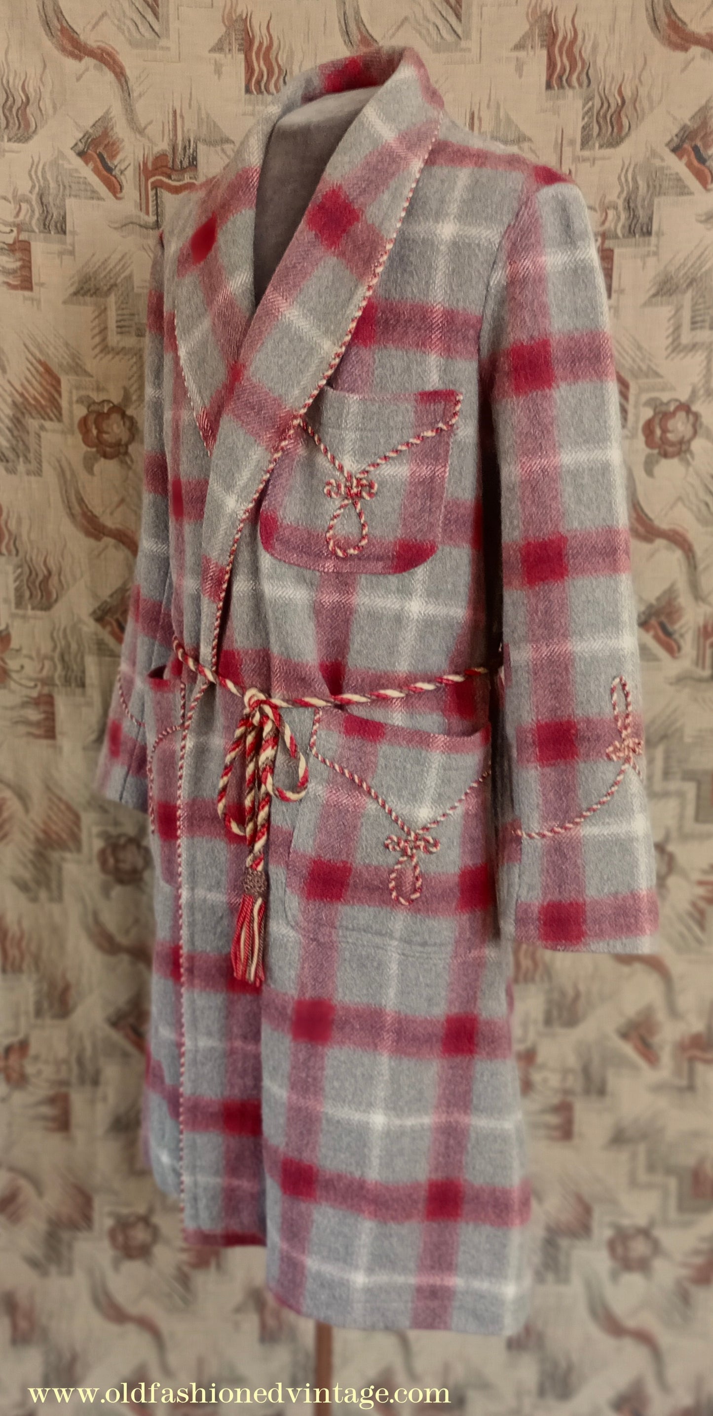 Vintage Mens 1950s Morley Wool Dressing Gown Robe Grey Brown Red White Bold Check Plaid UK M