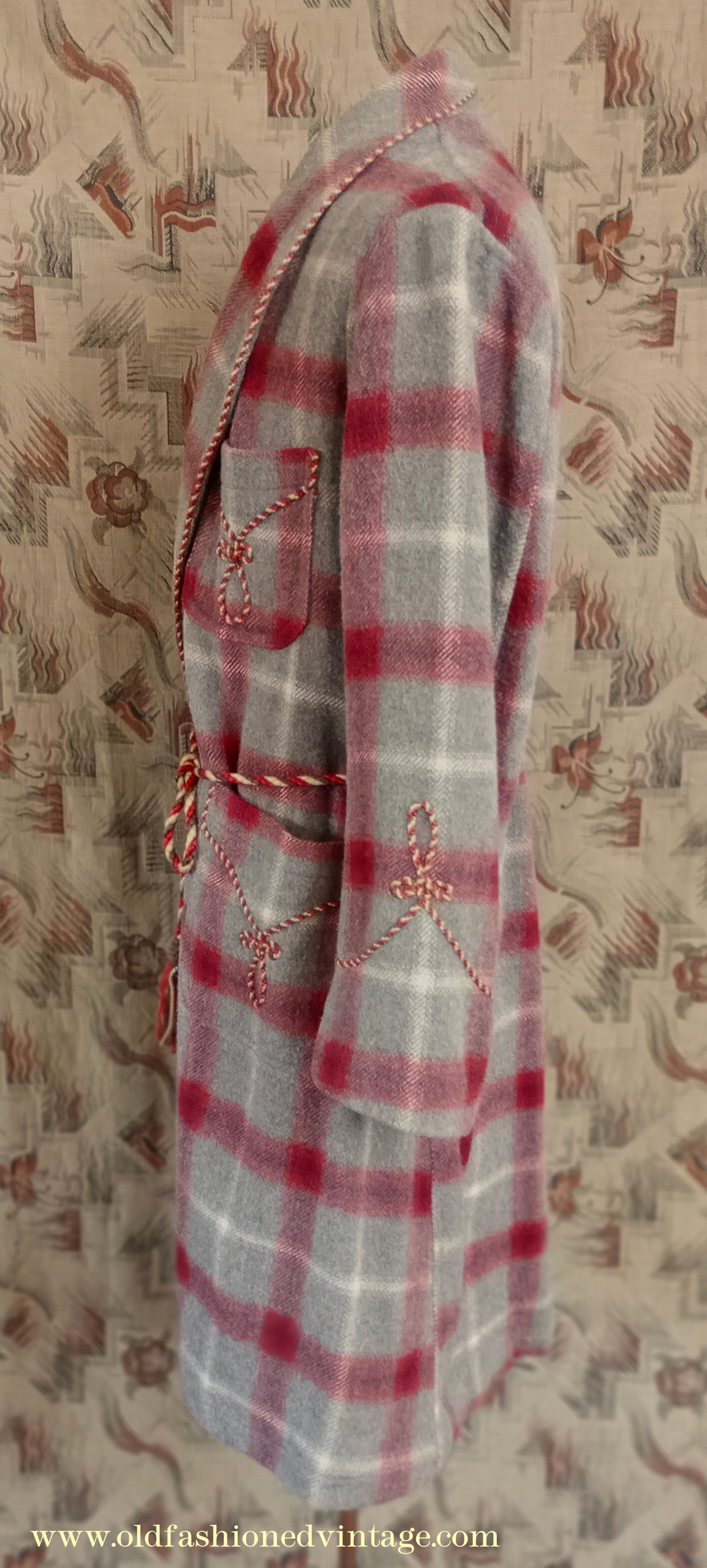Vintage Mens 1950s Morley Wool Dressing Gown Robe Grey Brown Red White Bold Check Plaid UK M