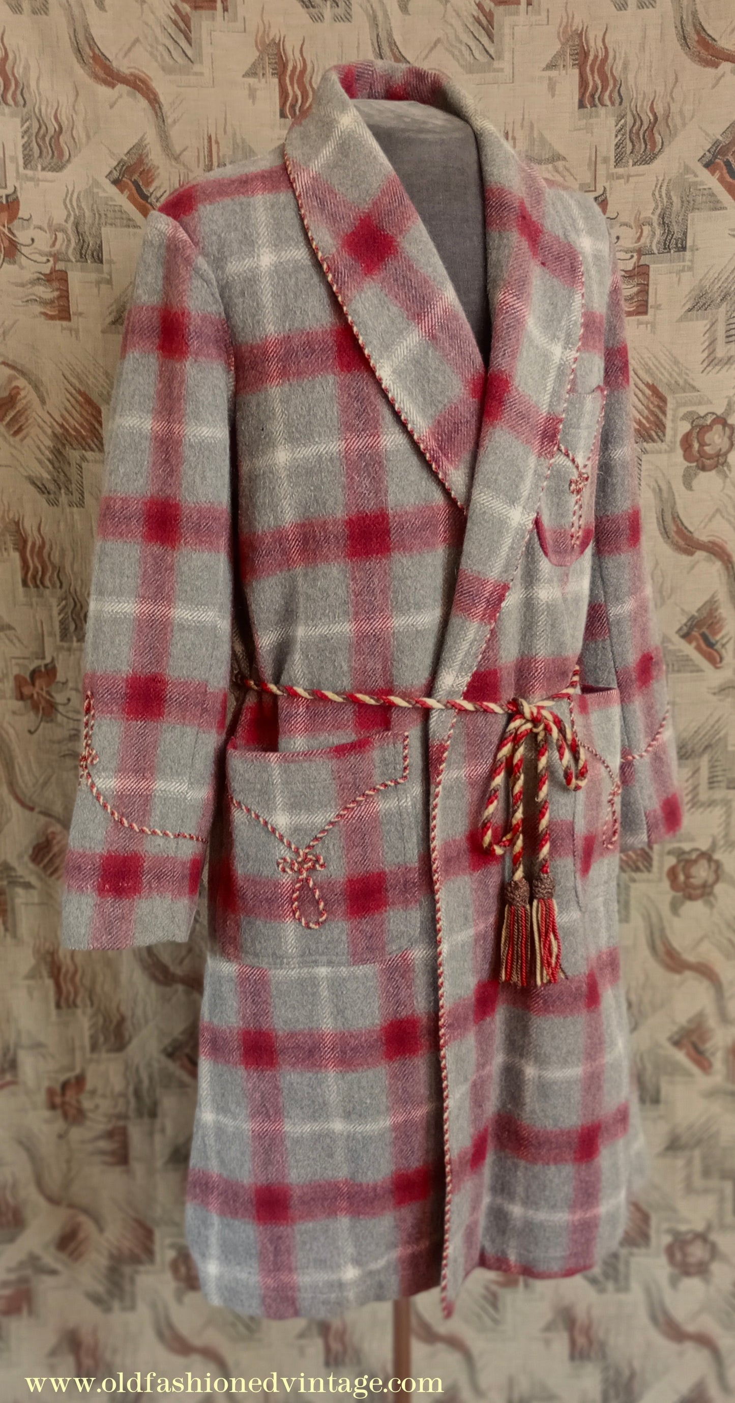 Vintage Mens 1950s Morley Wool Dressing Gown Robe Grey Brown Red White Bold Check Plaid UK M