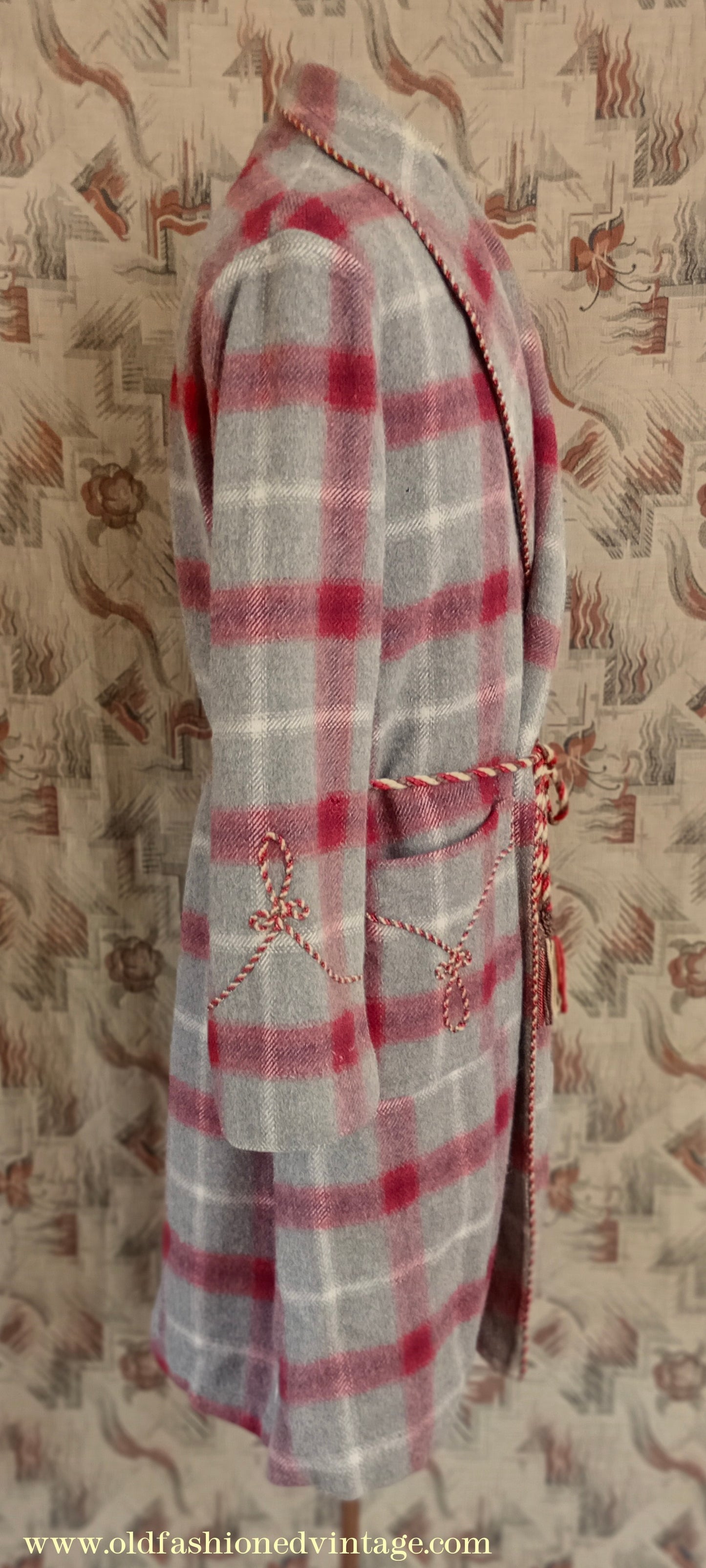 Vintage Mens 1950s Morley Wool Dressing Gown Robe Grey Brown Red White Bold Check Plaid UK M