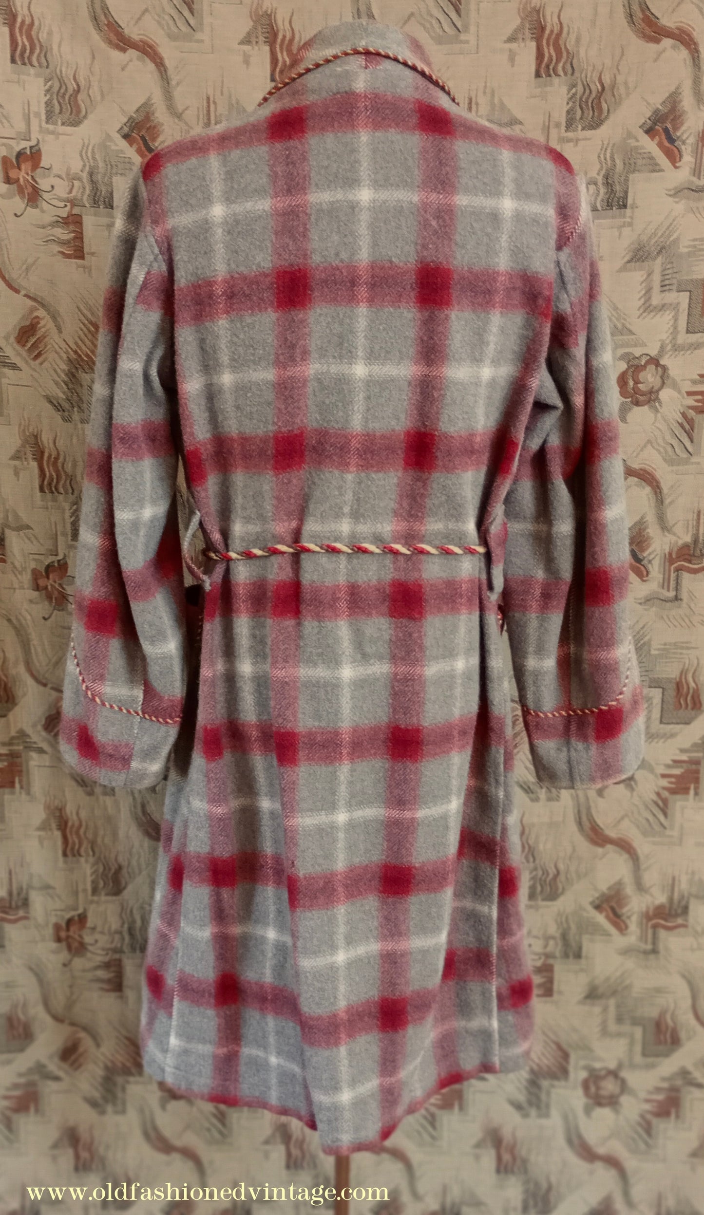 Vintage Mens 1950s Morley Wool Dressing Gown Robe Grey Brown Red White Bold Check Plaid UK M
