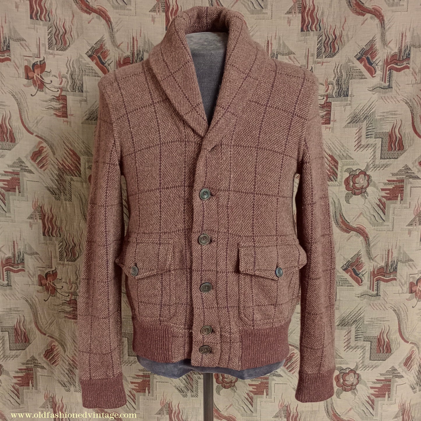 Mens Polo Ralph Lauren Shawl Collar Cardigan Sweater Jacket Brown Windowpane Check 1930s Vintage Style M