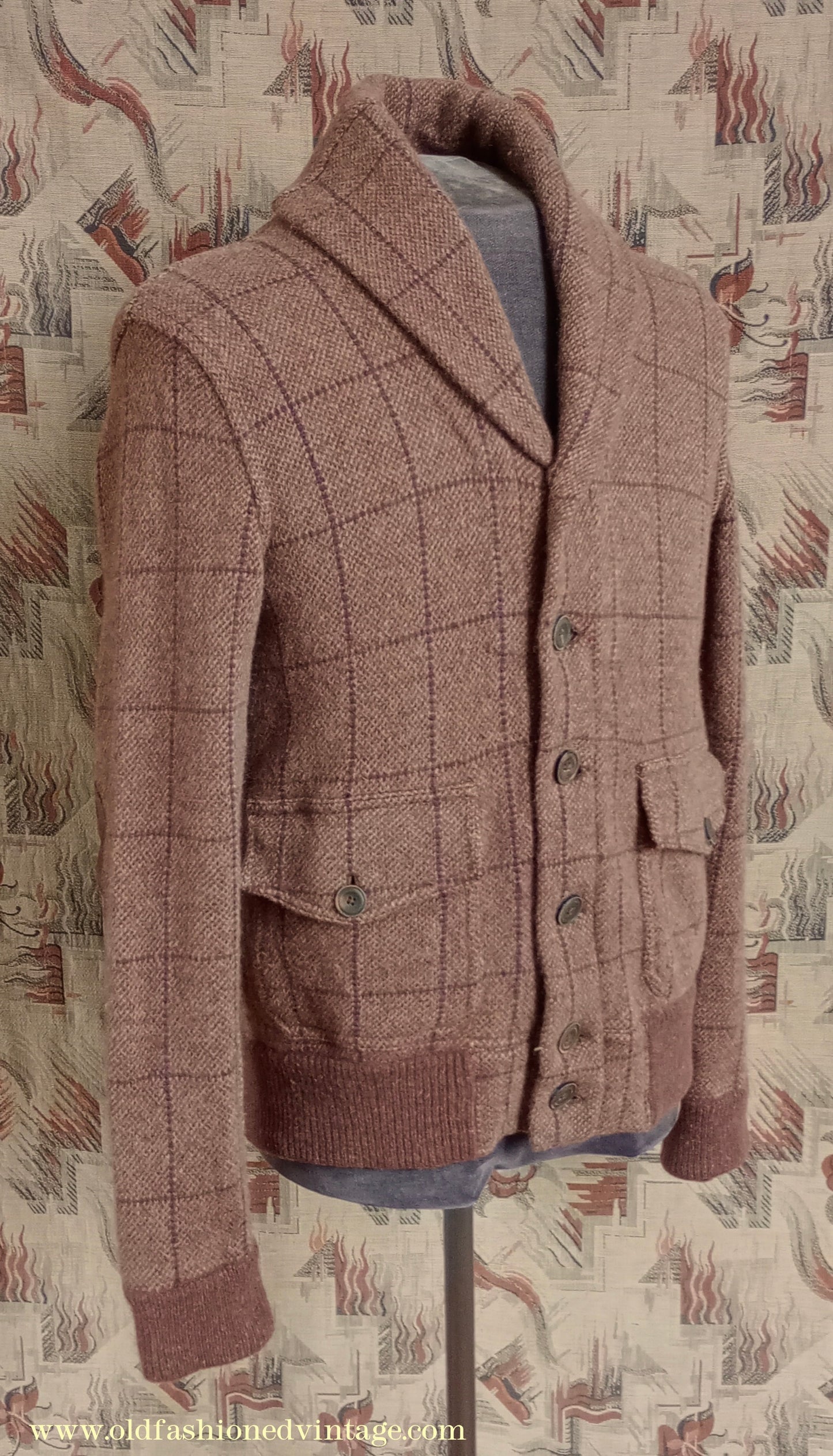 Mens Polo Ralph Lauren Shawl Collar Cardigan Sweater Jacket Brown Windowpane Check 1930s Vintage Style M