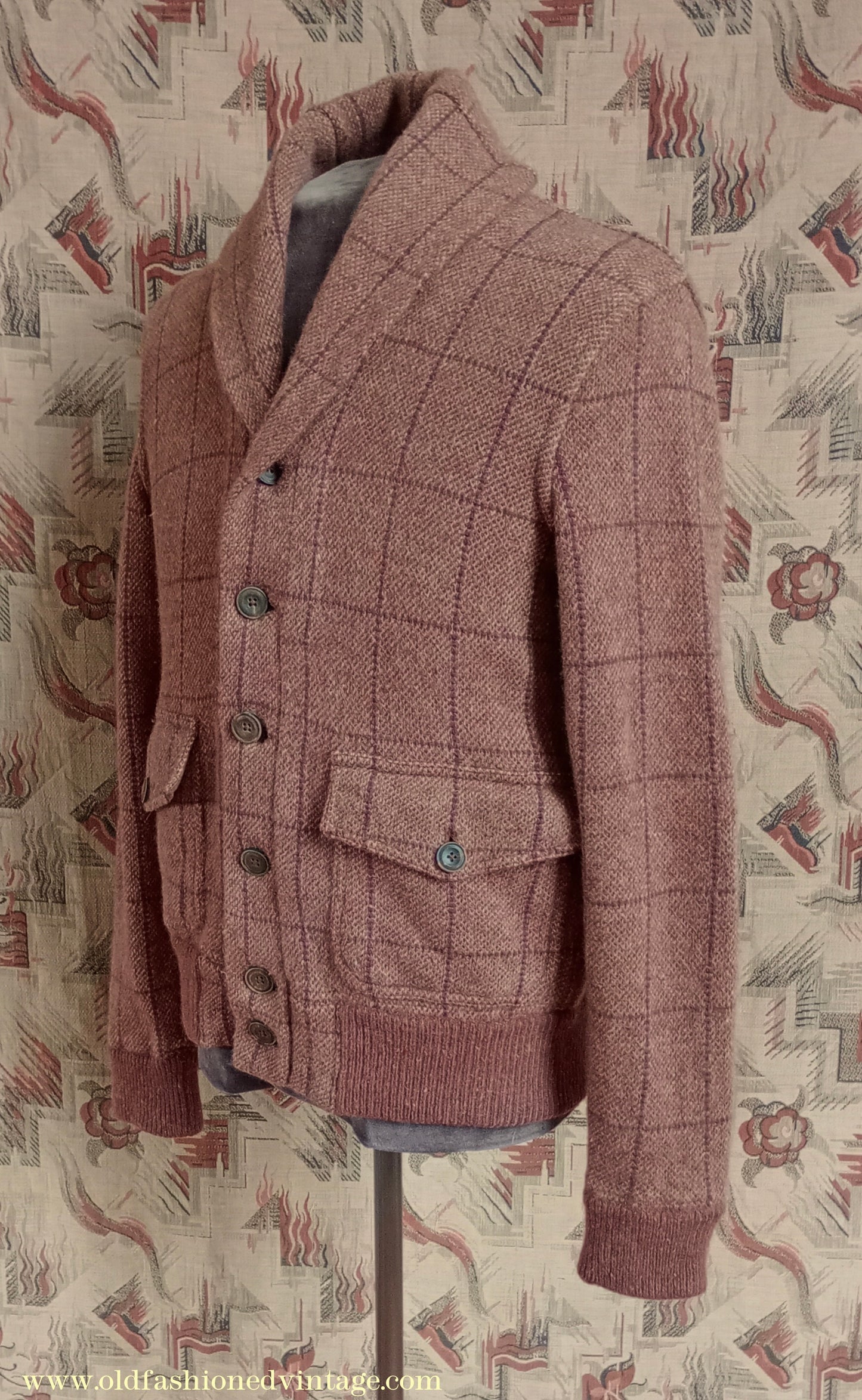 Mens Polo Ralph Lauren Shawl Collar Cardigan Sweater Jacket Brown Windowpane Check 1930s Vintage Style M