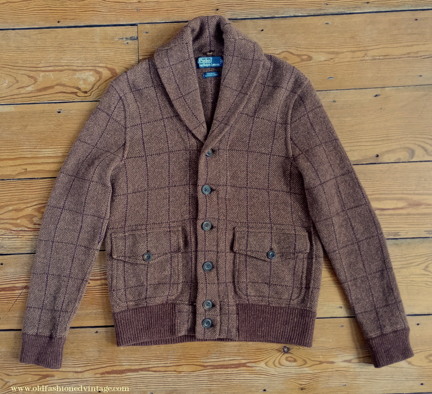 Mens Polo Ralph Lauren Shawl Collar Cardigan Sweater Jacket Brown Windowpane Check 1930s Vintage Style M