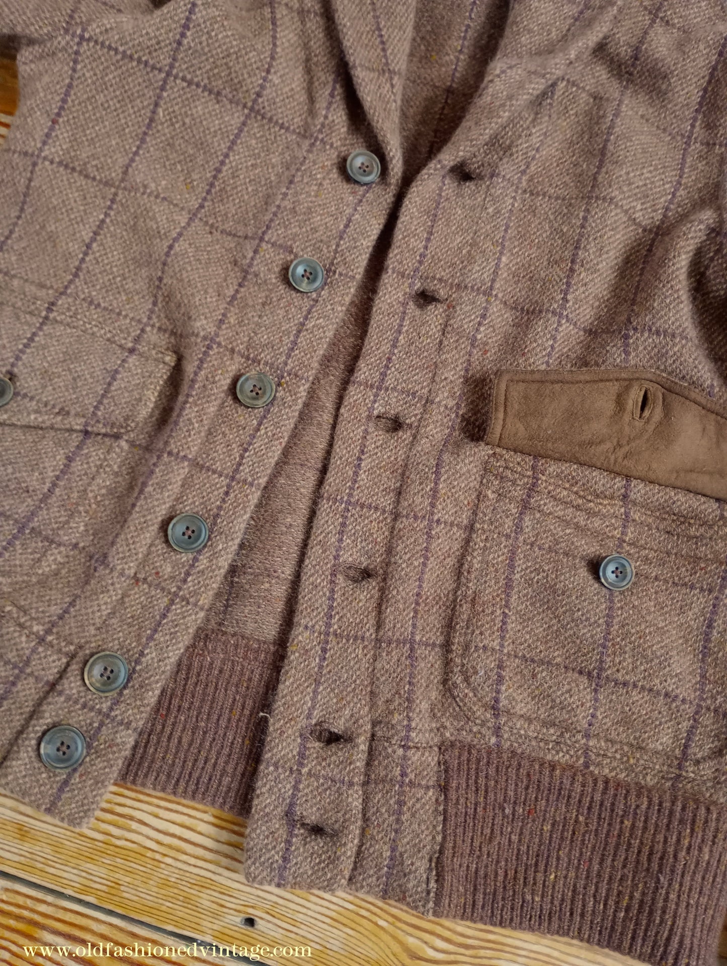 Mens Polo Ralph Lauren Shawl Collar Cardigan Sweater Jacket Brown Windowpane Check 1930s Vintage Style M