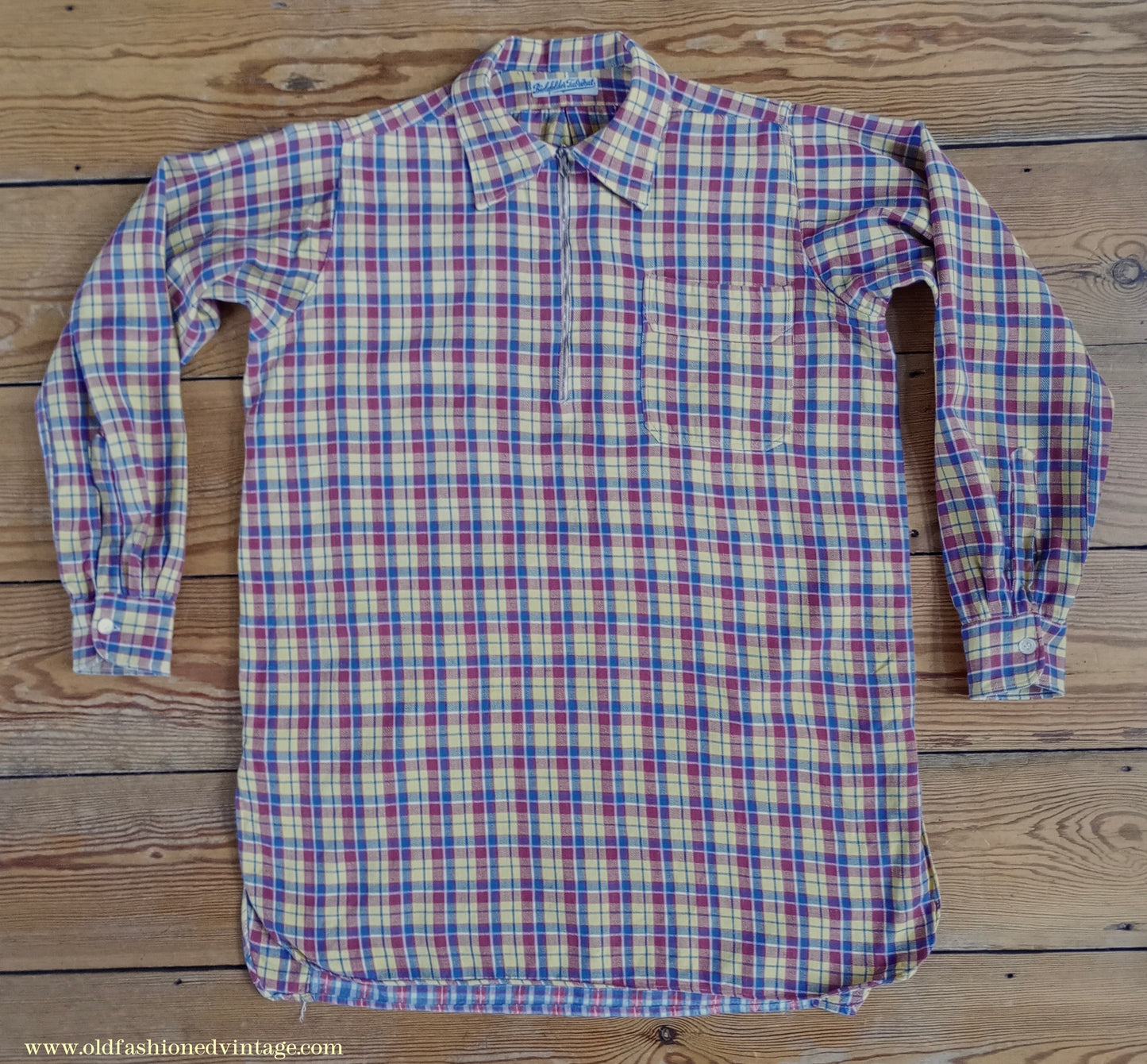 Vintage Mens 1930s 1940s German Zip Fastened Pullover Shirt Checked Cotton Flannel Overhead Tunic S
