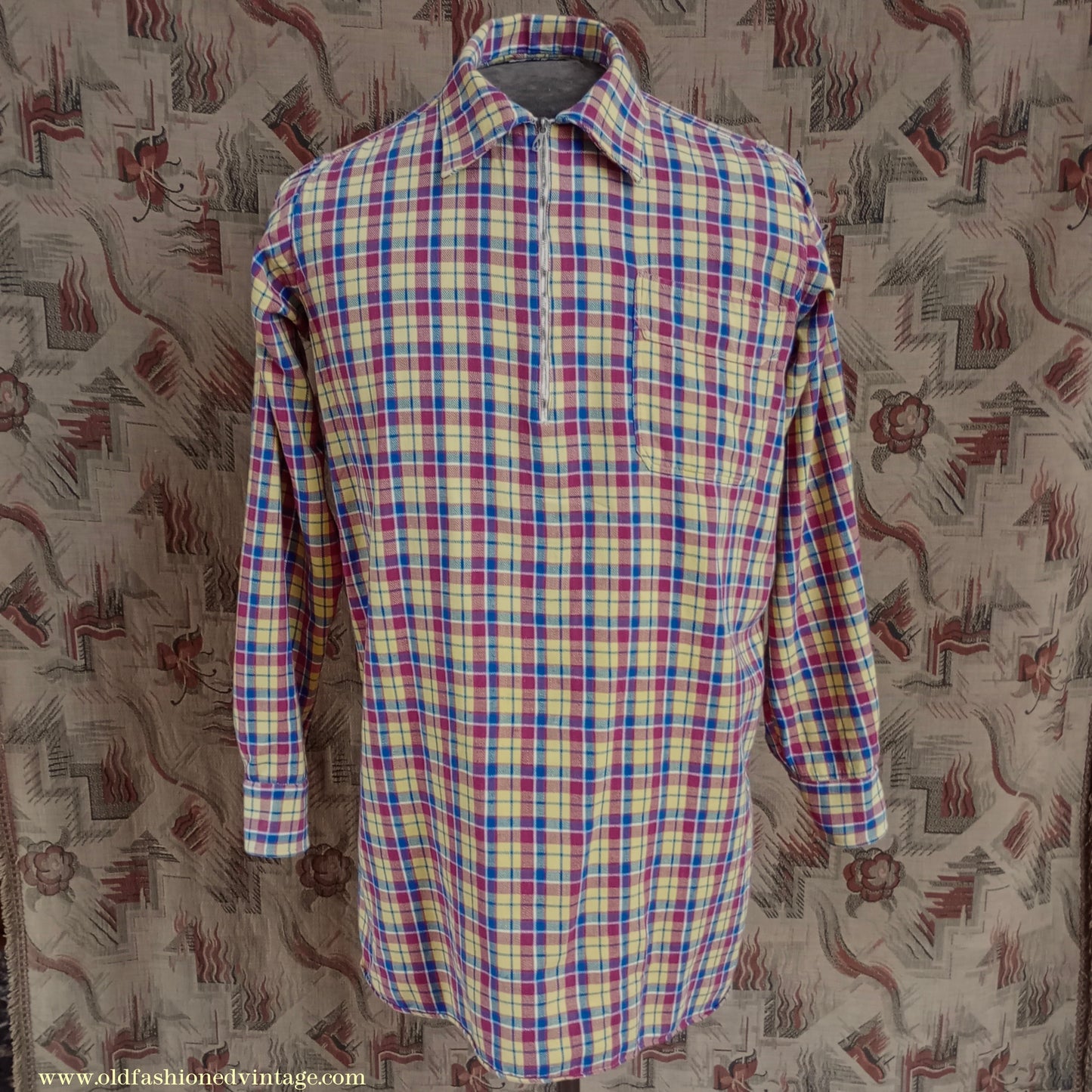 Vintage Mens 1930s 1940s German Zip Fastened Pullover Shirt Checked Cotton Flannel Overhead Tunic S