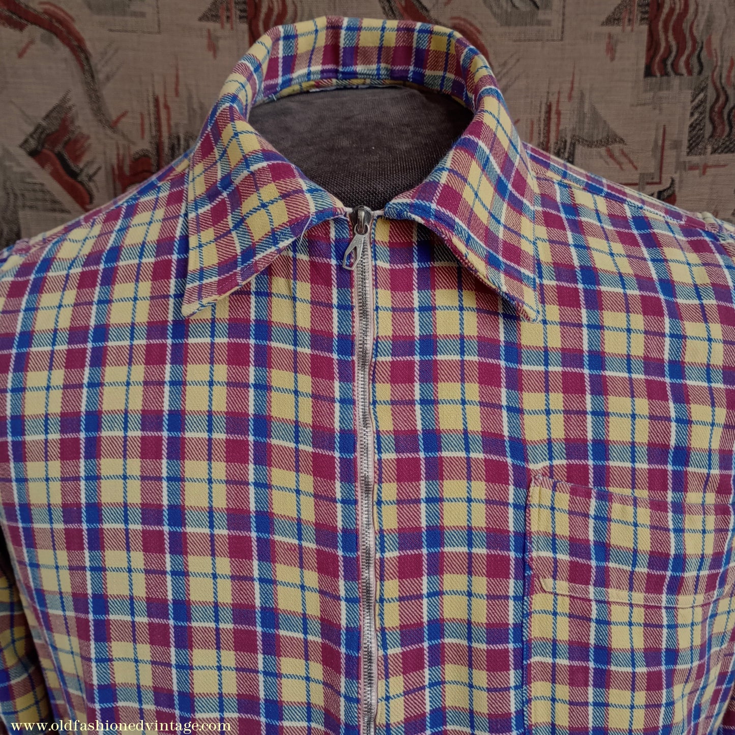 Vintage Mens 1930s 1940s German Zip Fastened Pullover Shirt Checked Cotton Flannel Overhead Tunic S