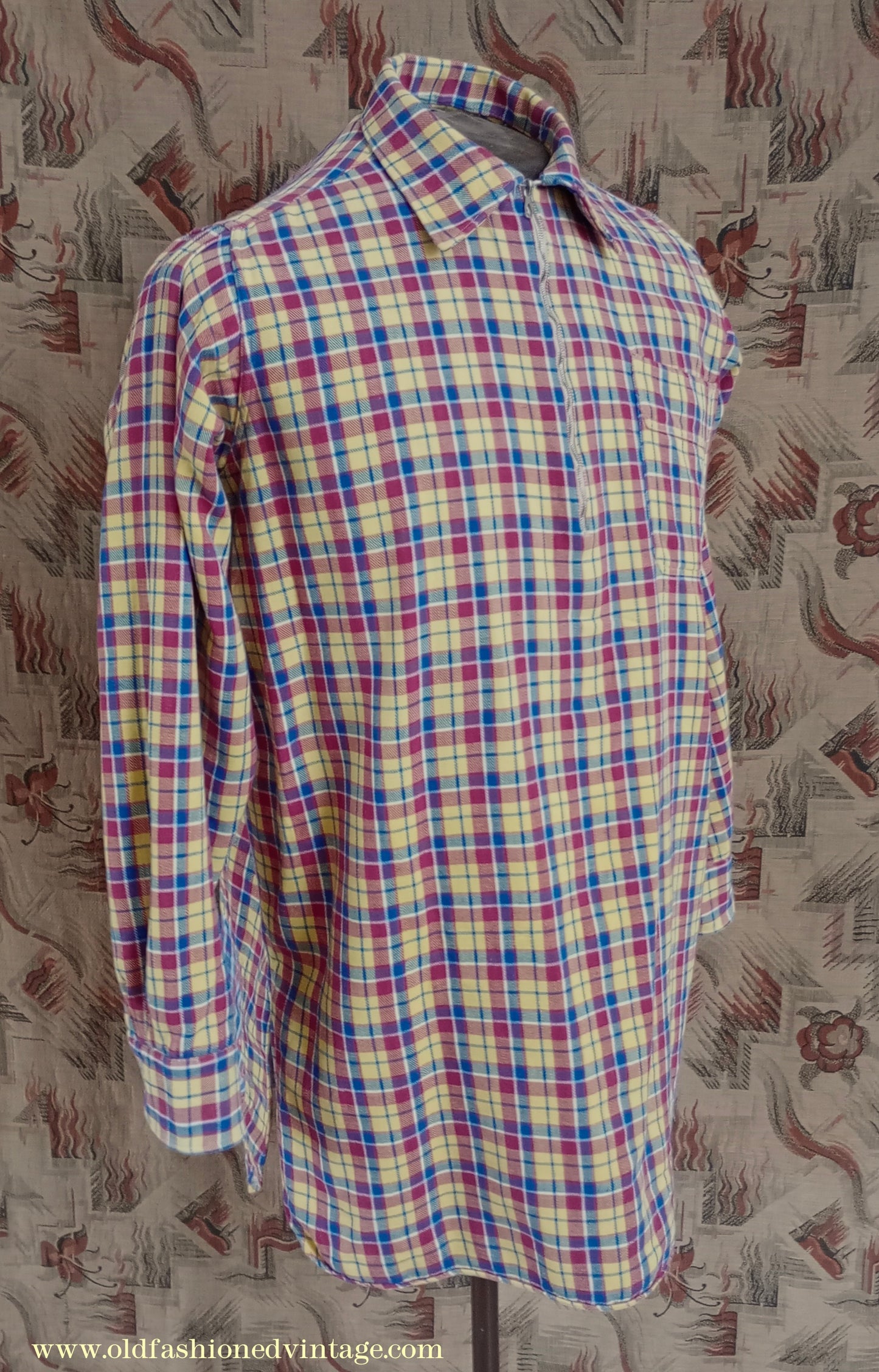 Vintage Mens 1930s 1940s German Zip Fastened Pullover Shirt Checked Cotton Flannel Overhead Tunic S