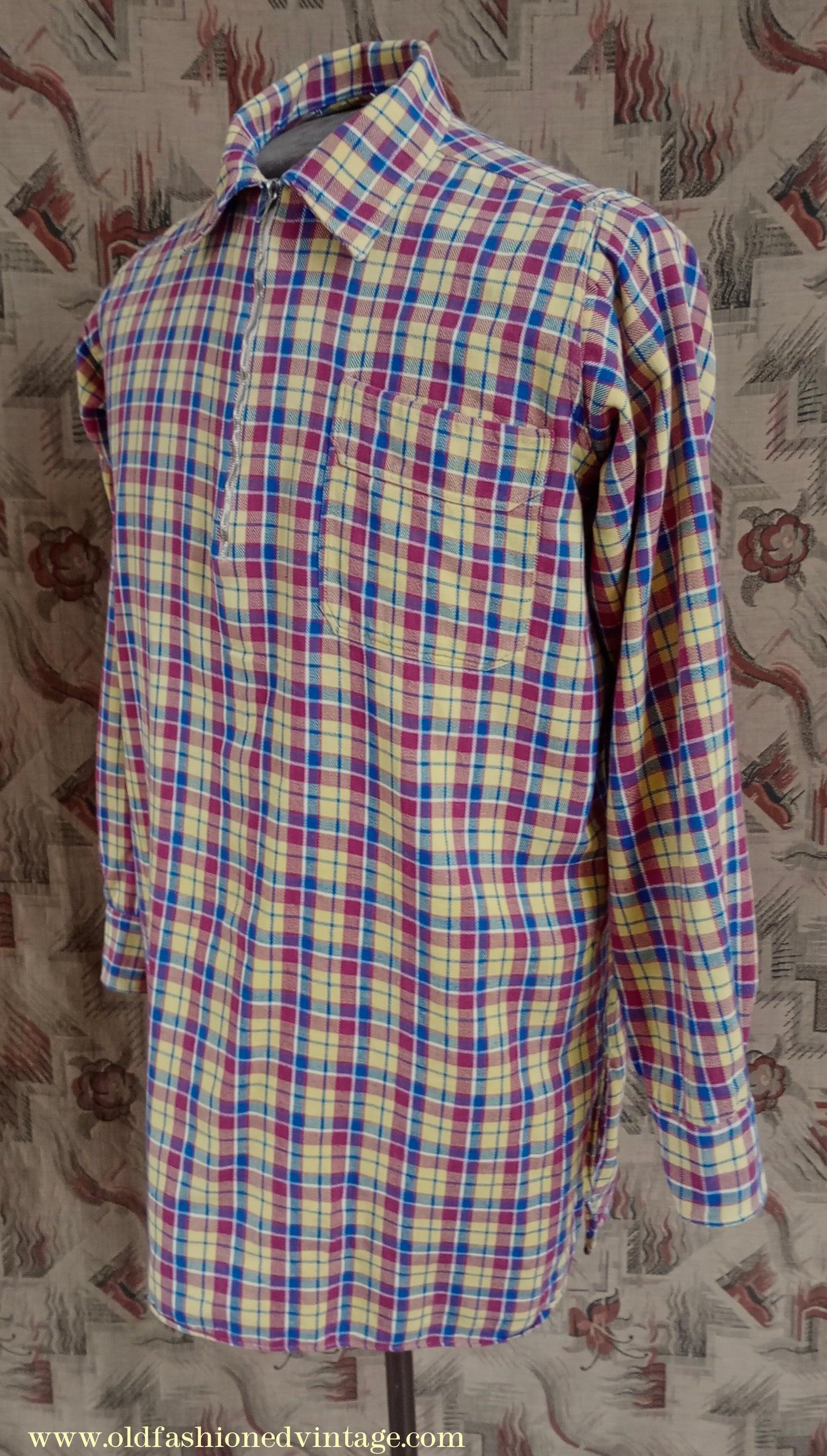 Vintage Mens 1930s 1940s German Zip Fastened Pullover Shirt Checked Cotton Flannel Overhead Tunic S