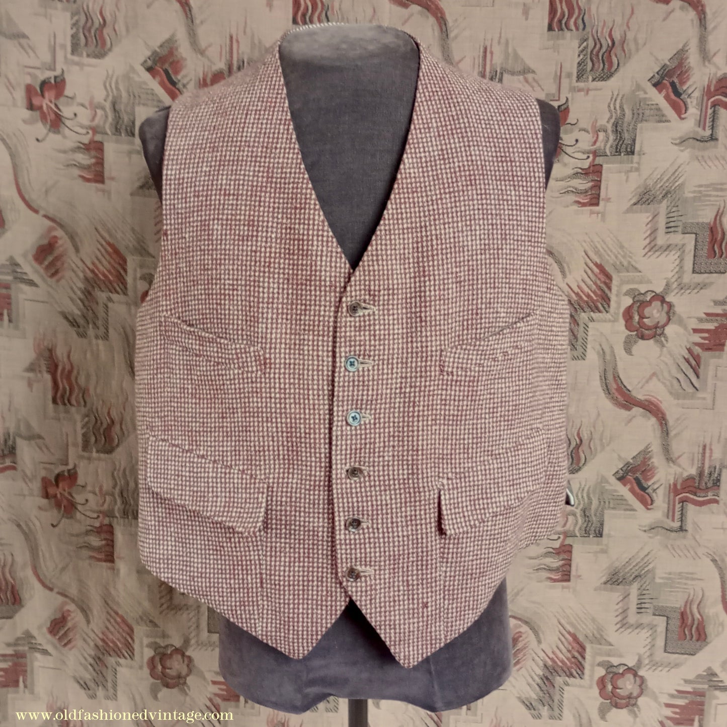 Vintage Mens 1940s Tweed Waistcoat Brown Check Bespoke Tailored Flap Pockets 44"