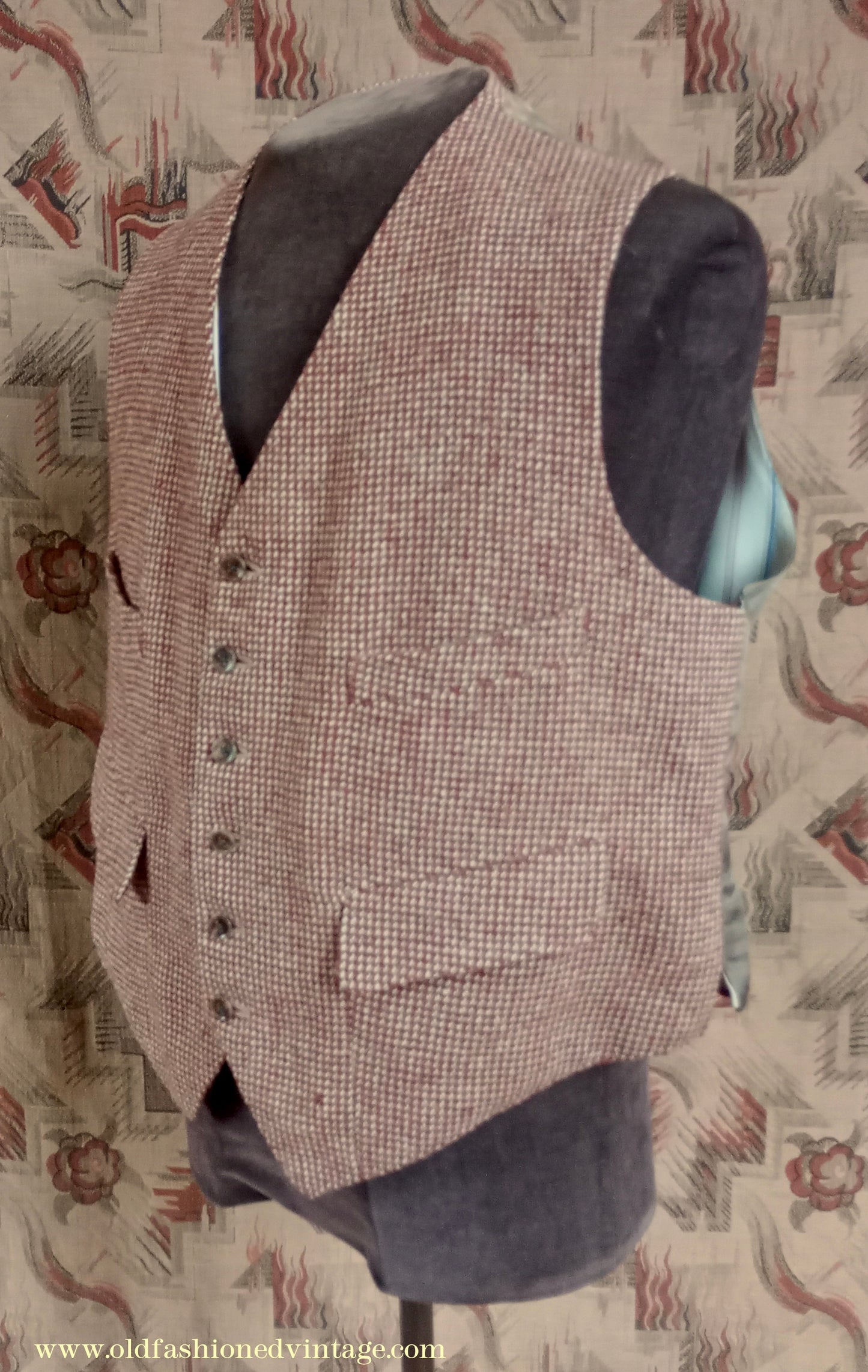 Vintage Mens 1940s Tweed Waistcoat Brown Check Bespoke Tailored Flap Pockets 44"