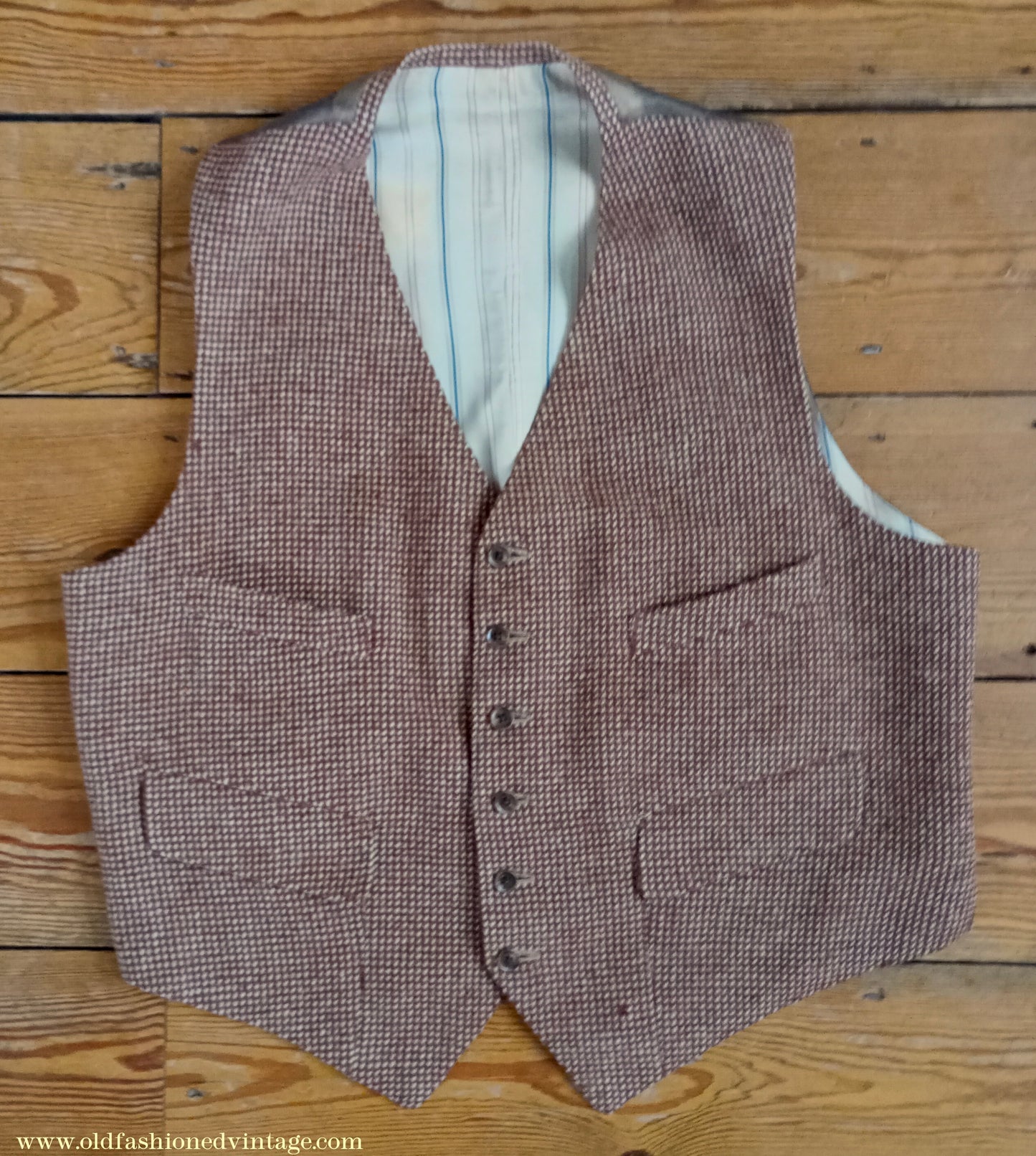 Vintage Mens 1940s Tweed Waistcoat Brown Check Bespoke Tailored Flap Pockets 44"