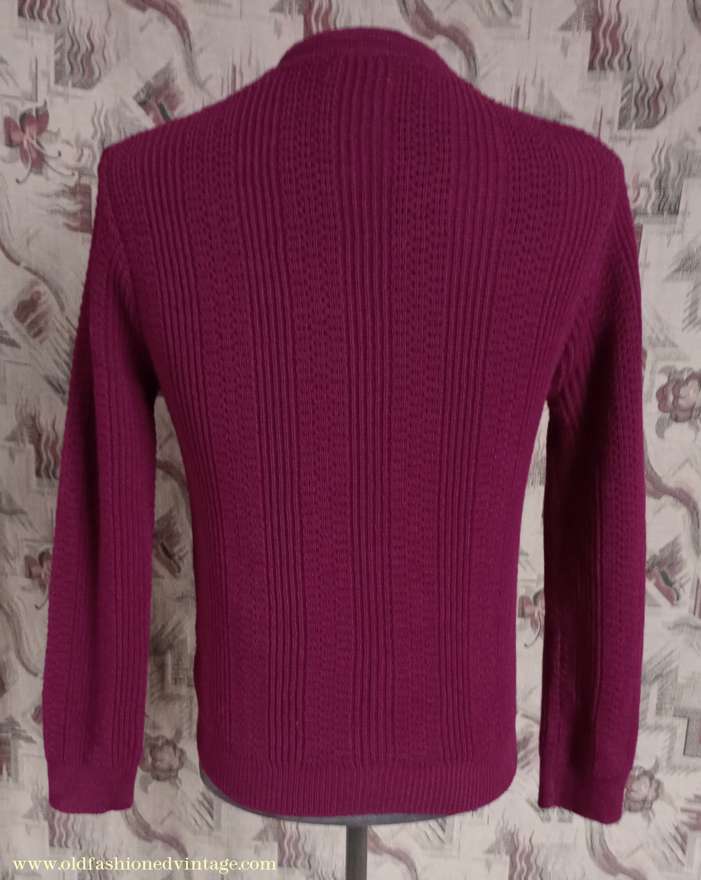 Vintage Mens 1960s Unworn V Neck Pullover Sweater Claret Red Fancy Rib Stitch S