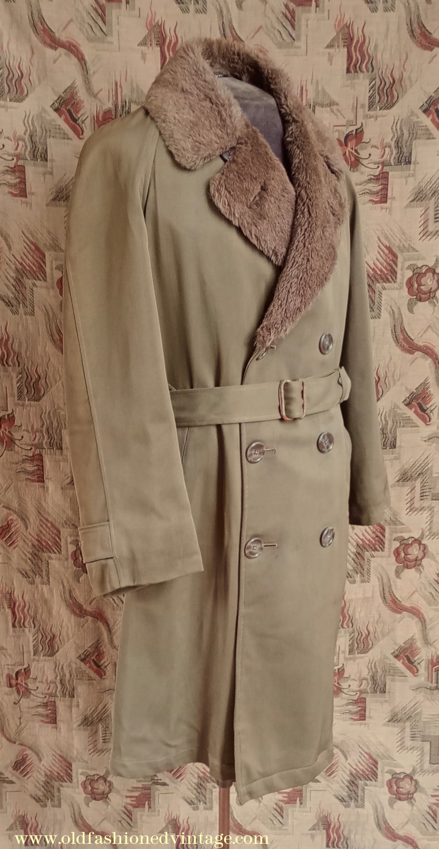 Vintage 1940s Mens Storm Coat Double Breasted Raglan Overcoat Alpaca Pile Teddy Bear Faux Fur Collar & Lining Small