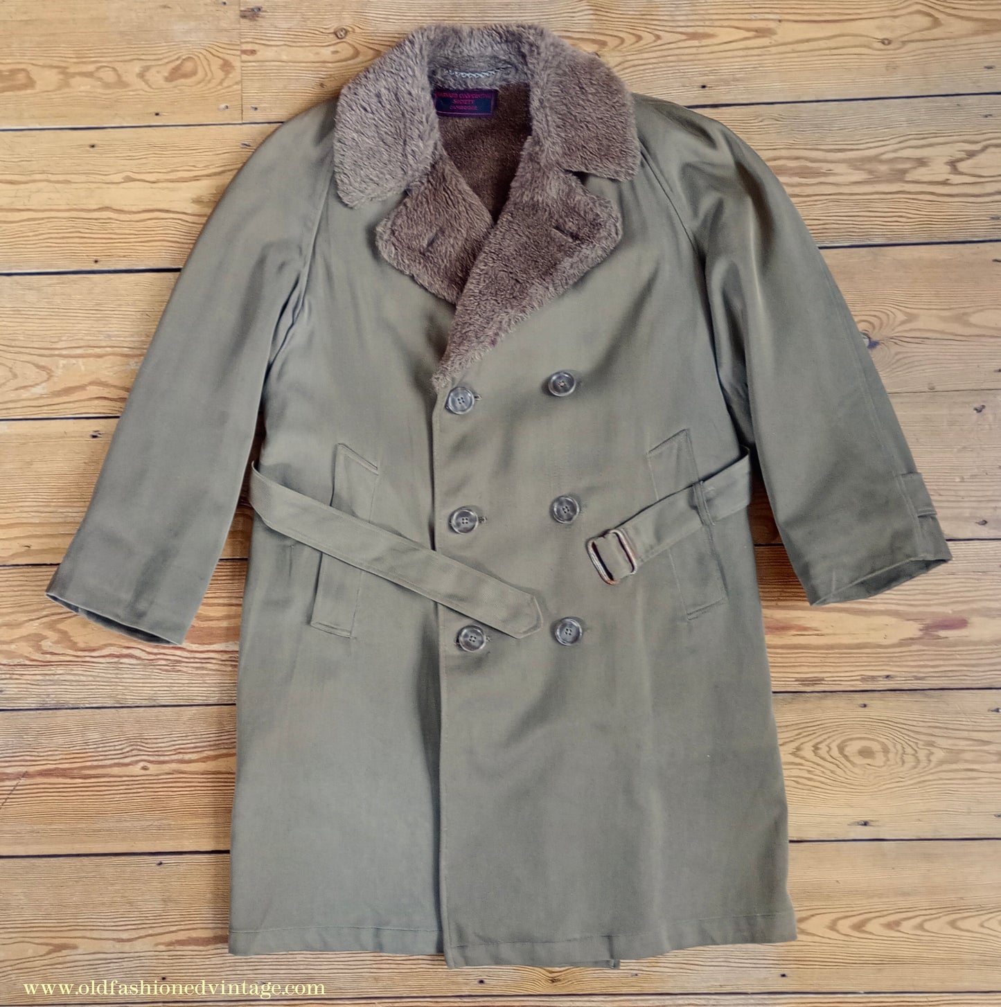 Vintage 1940s Mens Storm Coat Double Breasted Raglan Overcoat Alpaca Pile Teddy Bear Faux Fur Collar & Lining Small
