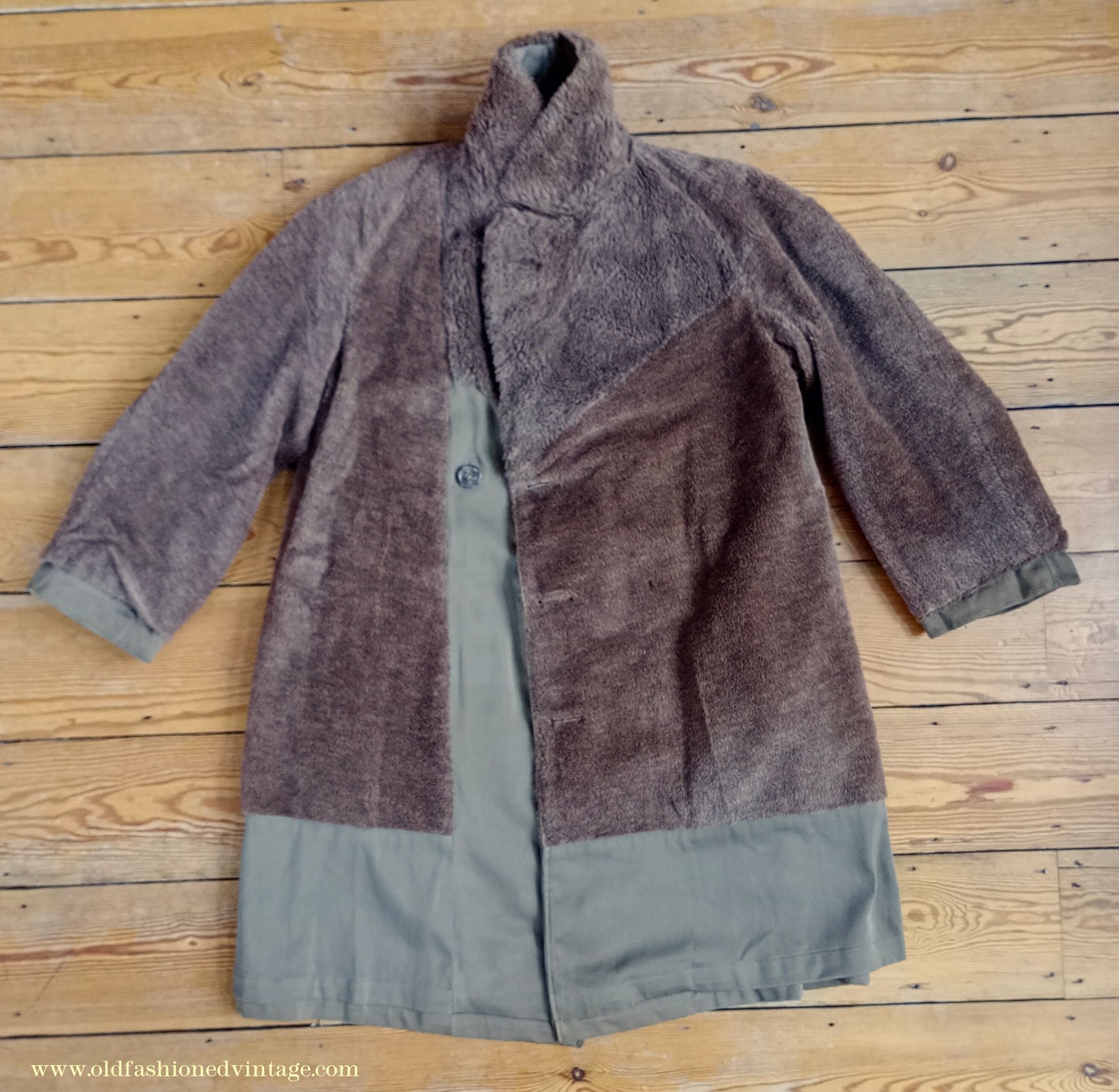 Vintage 1940s Mens Storm Coat Double Breasted Raglan Overcoat Alpaca Pile Teddy Bear Faux Fur Collar & Lining Small