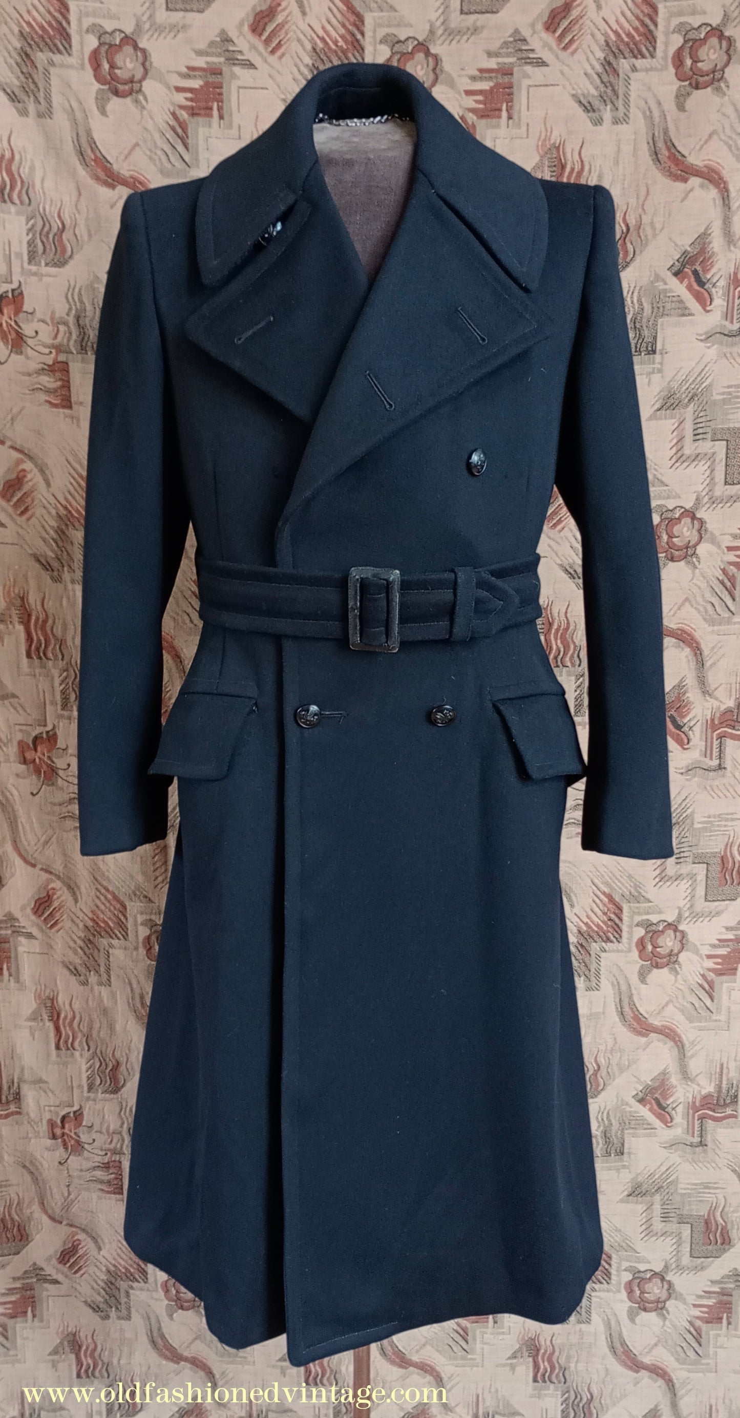 Vintage Mens 1940s BOAC Uniform Greatcoat Black Wool Double Breasted Belted Overcoat Coat British Overseas Airways