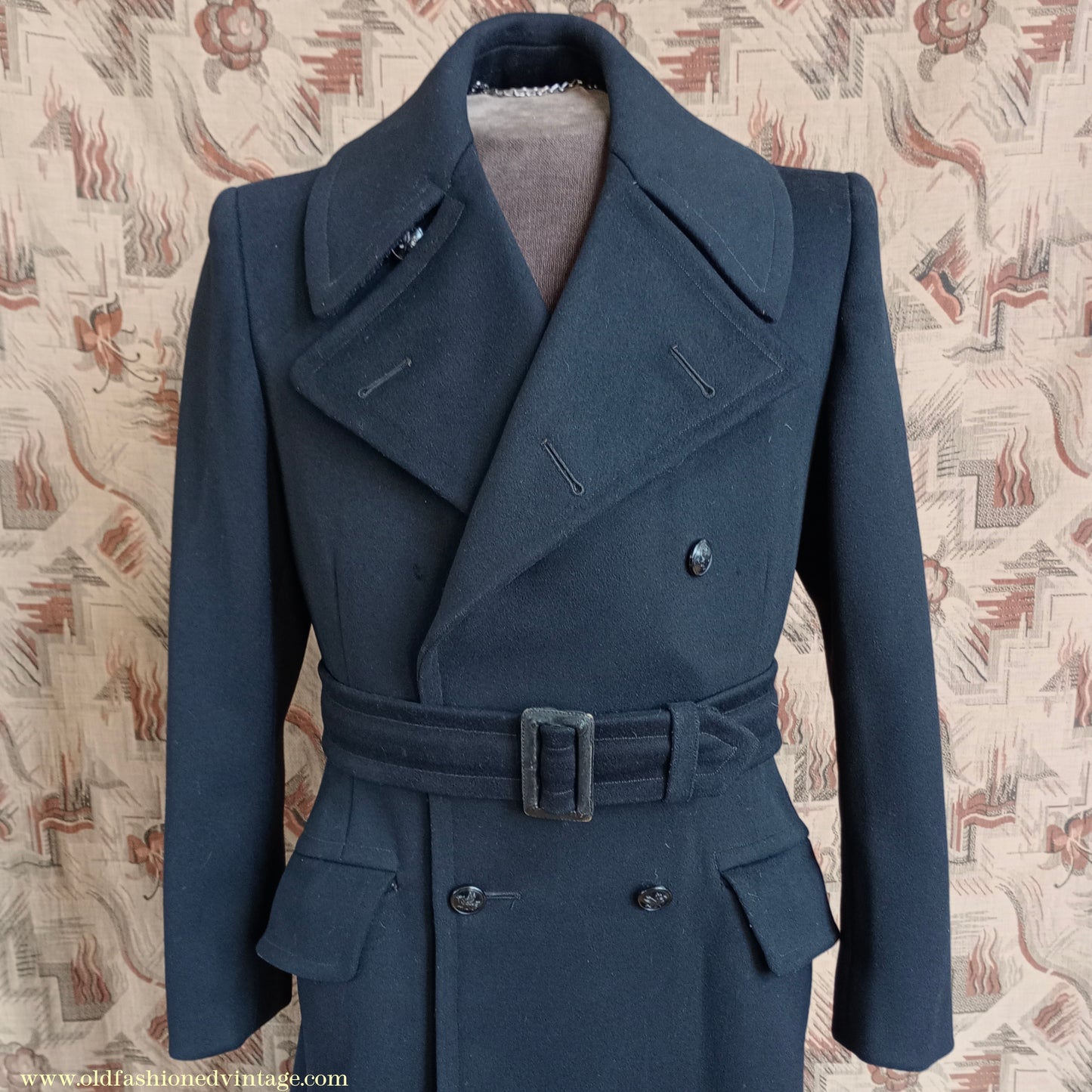 Vintage Mens 1940s BOAC Uniform Greatcoat Black Wool Double Breasted Belted Overcoat Coat British Overseas Airways
