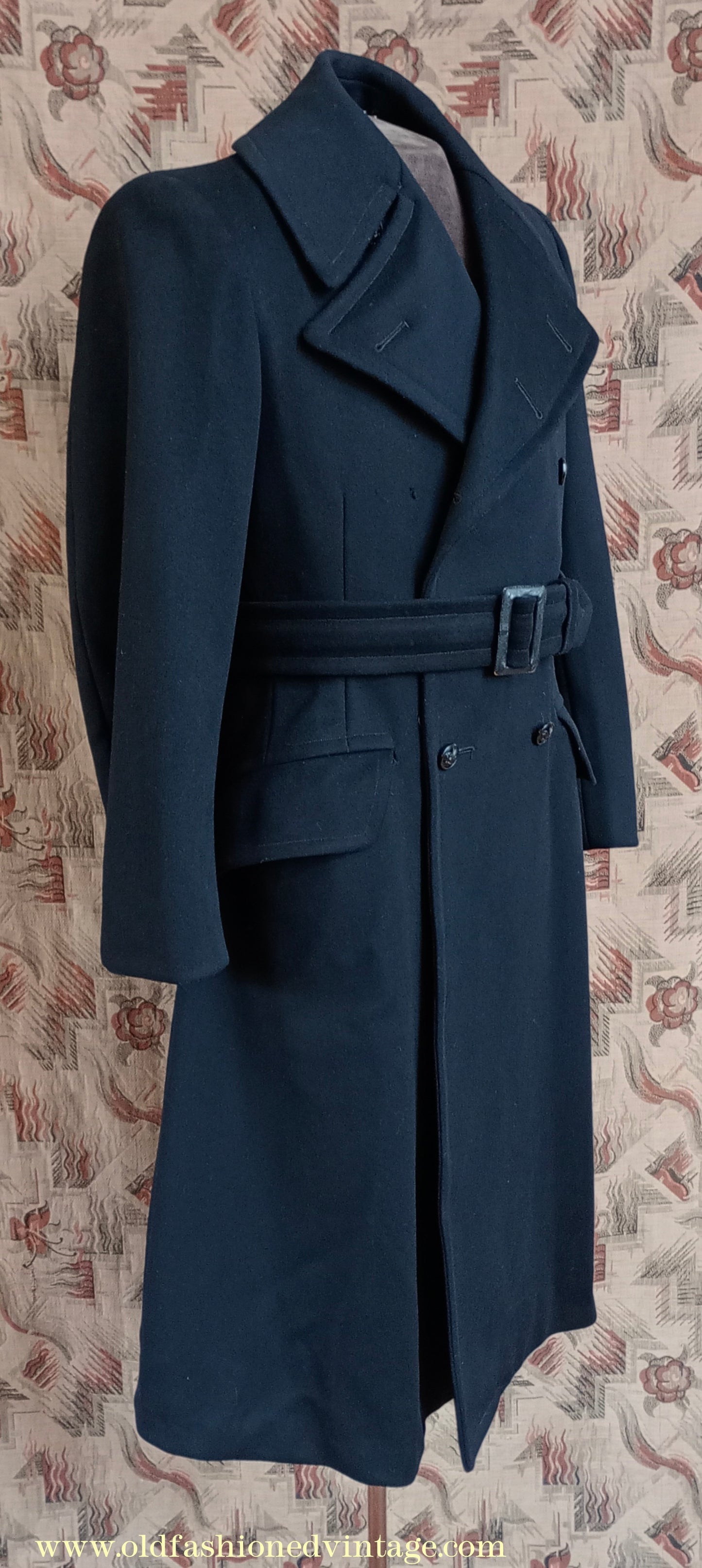 Vintage Mens 1940s BOAC Uniform Greatcoat Black Wool Double Breasted Belted Overcoat Coat British Overseas Airways