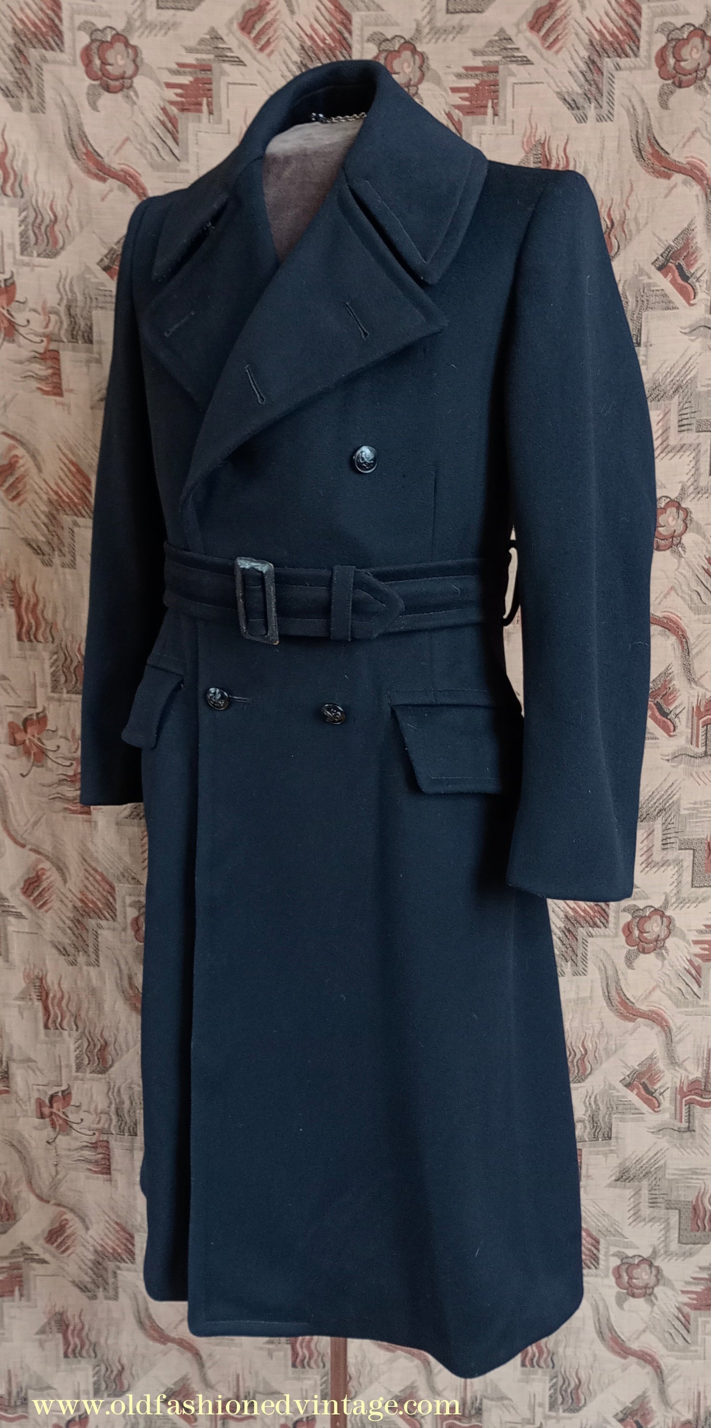 Vintage Mens 1940s BOAC Uniform Greatcoat Black Wool Double Breasted Belted Overcoat Coat British Overseas Airways