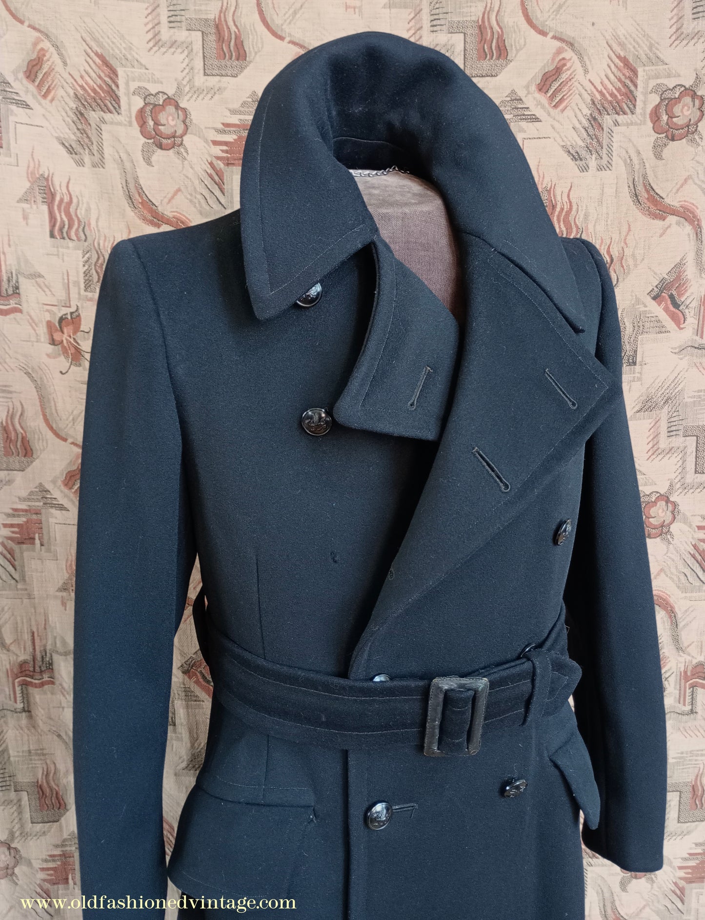 Vintage Mens 1940s BOAC Uniform Greatcoat Black Wool Double Breasted Belted Overcoat Coat British Overseas Airways