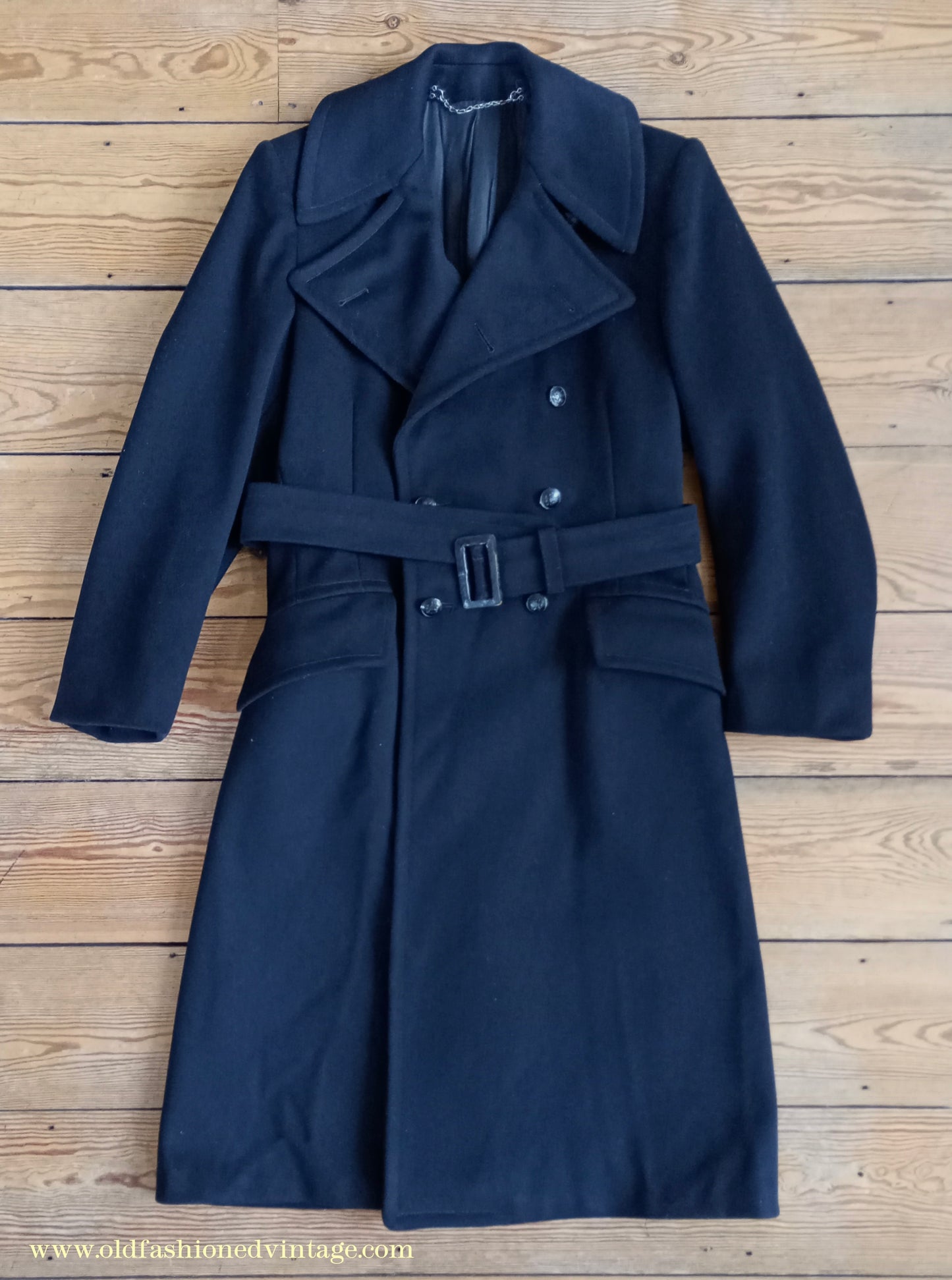 Vintage Mens 1940s BOAC Uniform Greatcoat Black Wool Double Breasted Belted Overcoat Coat British Overseas Airways