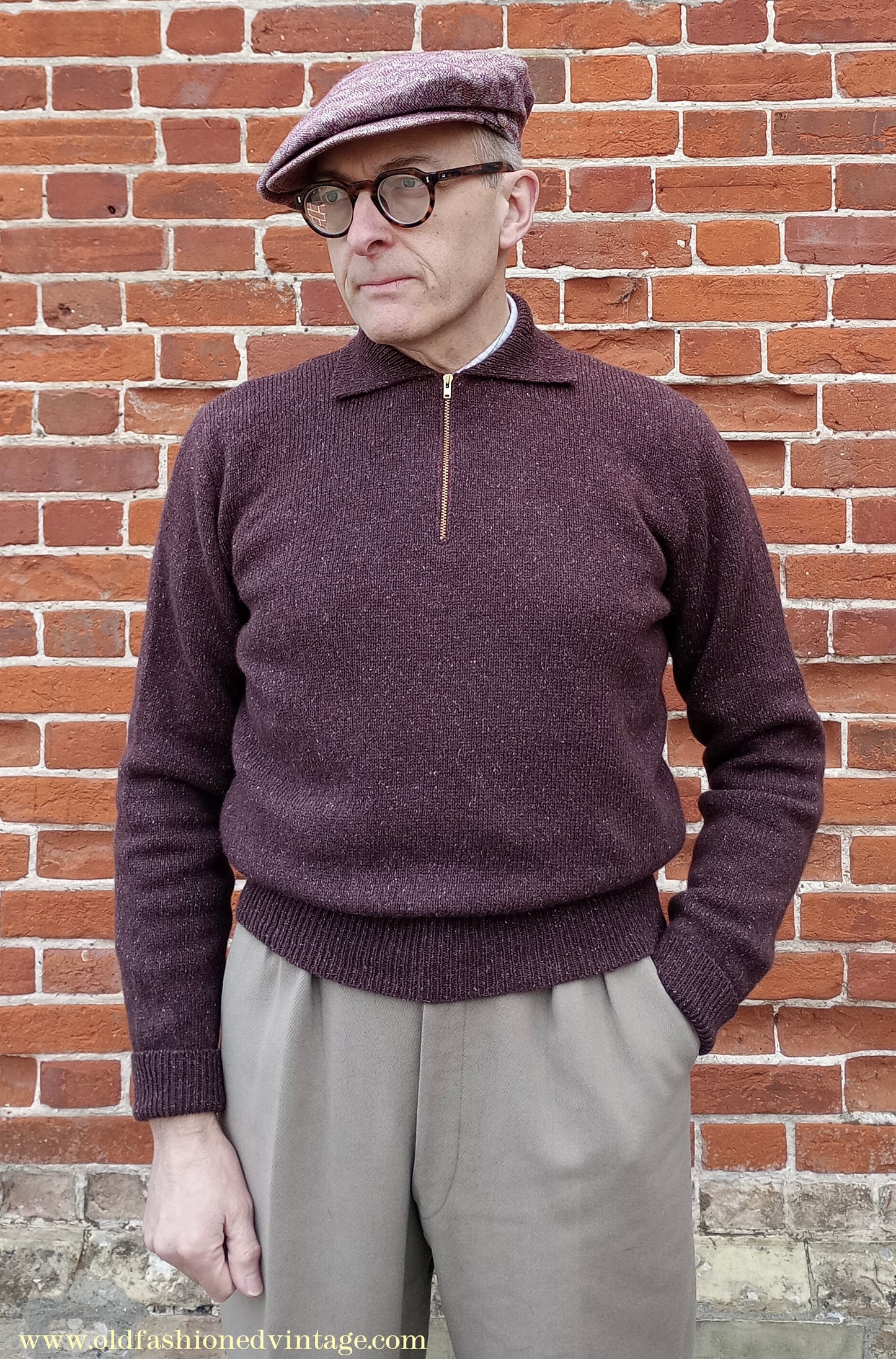 Old Fashioned Garments Vintage Reproduction 1940s Mens Zip Neck Jumper Polo Collar Sweater Lumberjacket Large