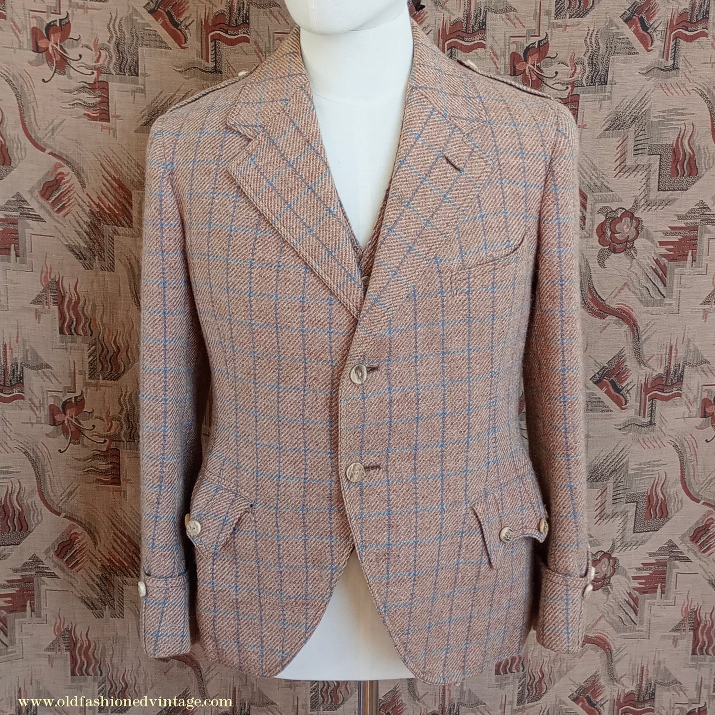 Vintage Mens 1930s Tweed Argyll Kilt Jacket & Waistcoat Set Ginger Windowpane Check Wool Tailored Traditional Scottish Sports Coat 36"