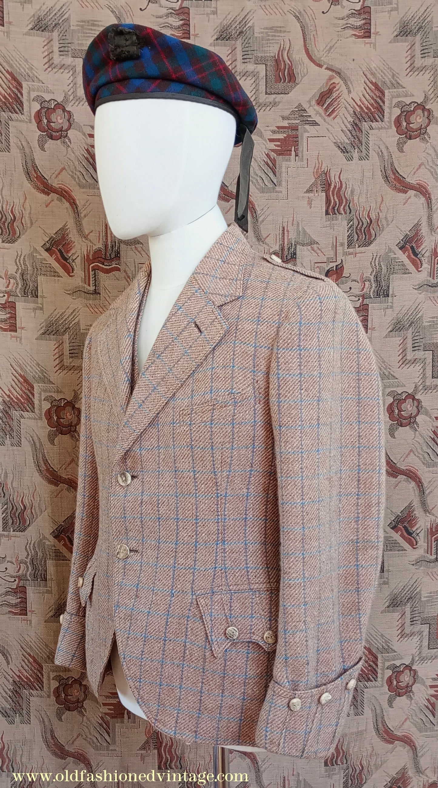Vintage Mens 1930s Tweed Argyll Kilt Jacket & Waistcoat Set Ginger Windowpane Check Wool Tailored Traditional Scottish Sports Coat 36"