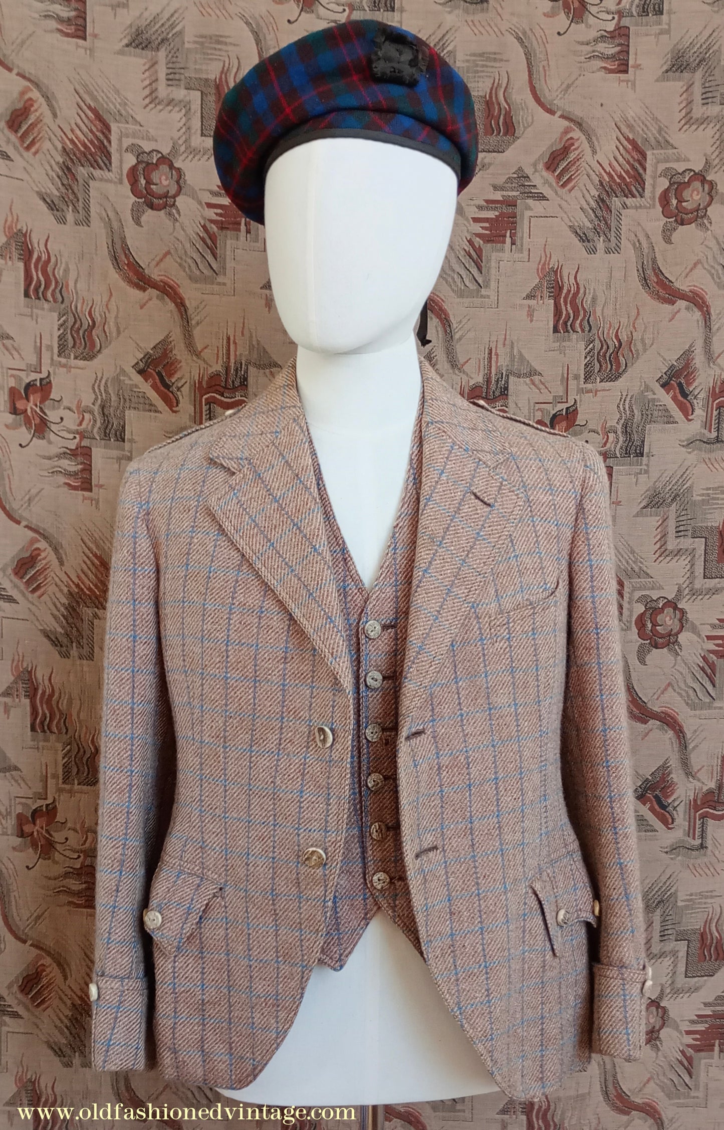 Vintage Mens 1930s Tweed Argyll Kilt Jacket & Waistcoat Set Ginger Windowpane Check Wool Tailored Traditional Scottish Sports Coat 36"