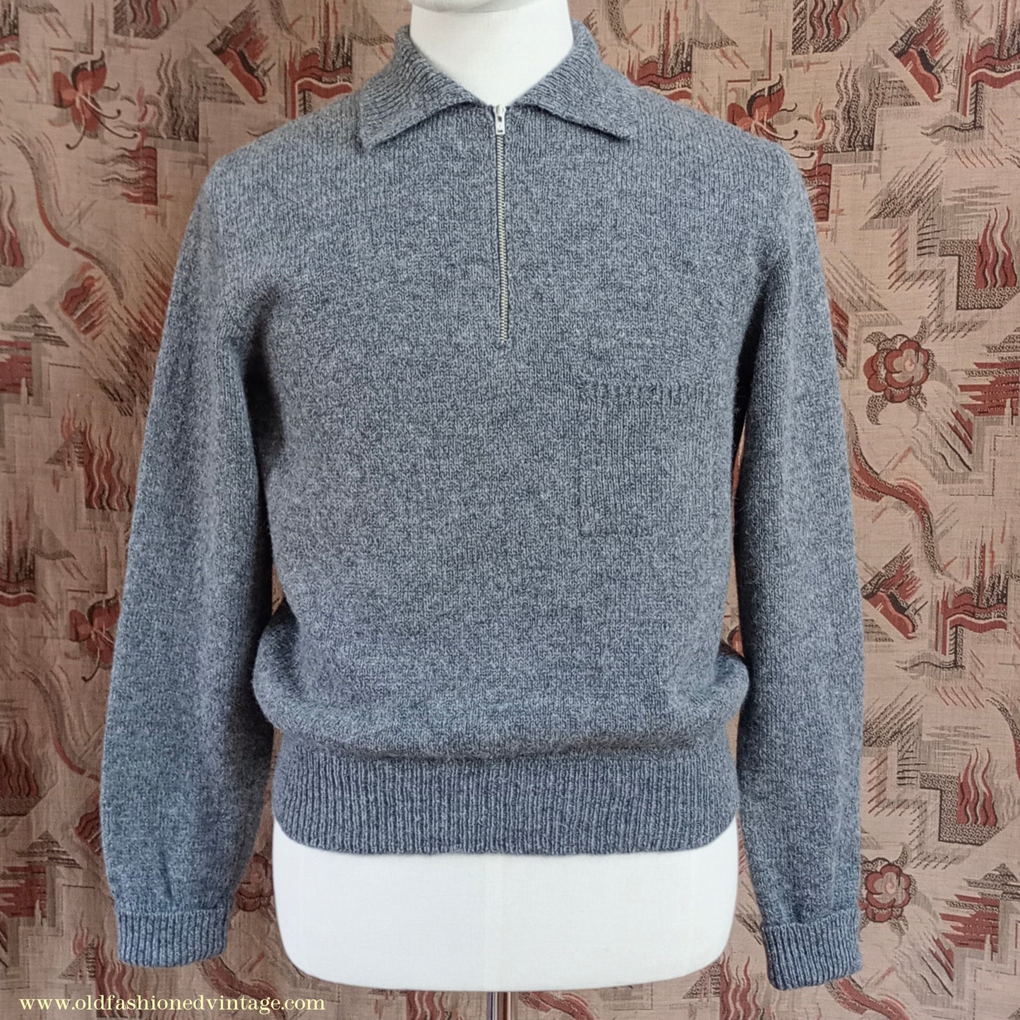Old Fashioned Garments Vintage Reproduction 1940s Mens Zip Neck Jumper Polo Collar Sweater Lumberjacket Medium