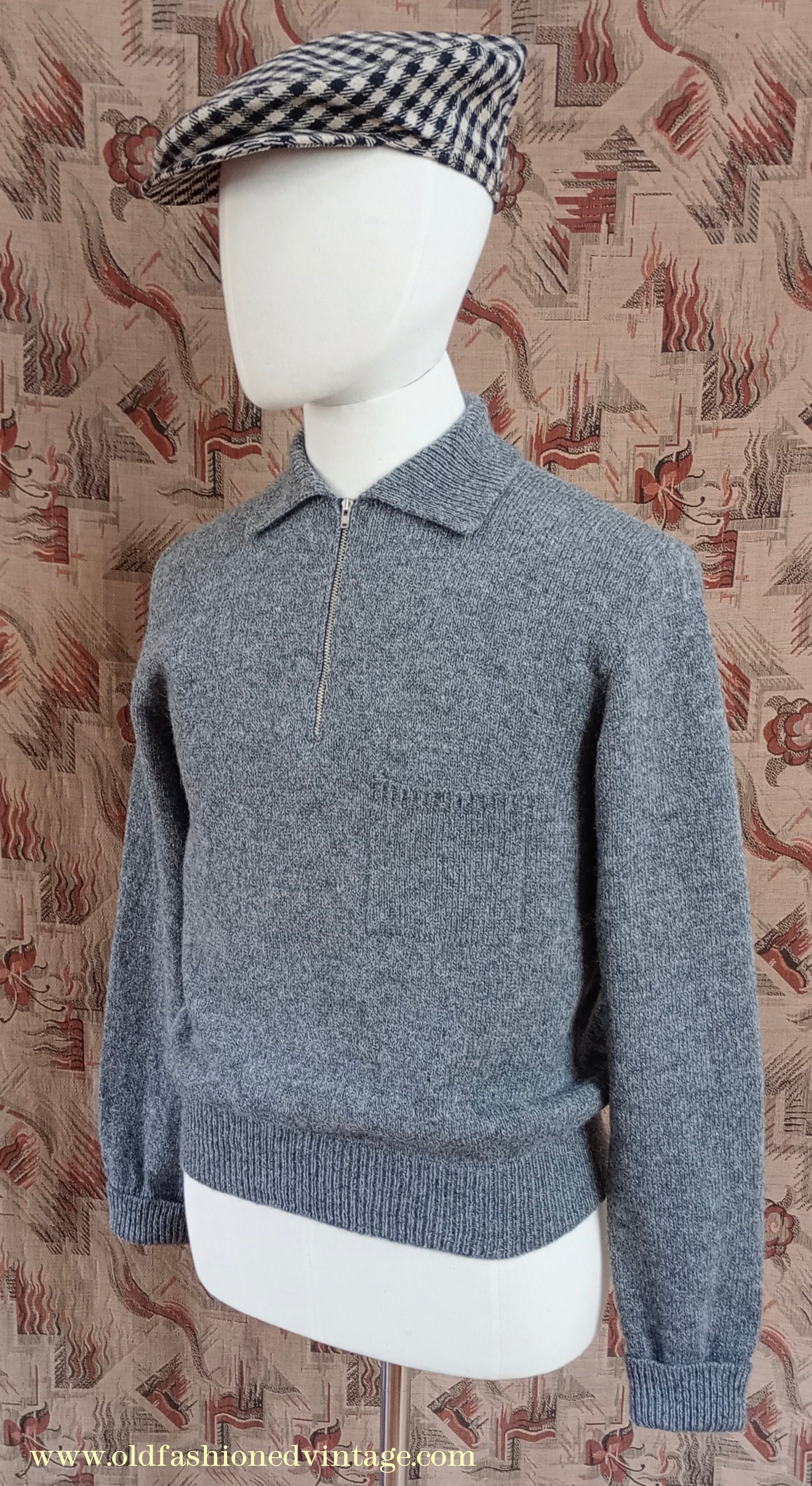 Old Fashioned Garments Vintage Reproduction 1940s Mens Zip Neck Jumper Polo Collar Sweater Lumberjacket Medium
