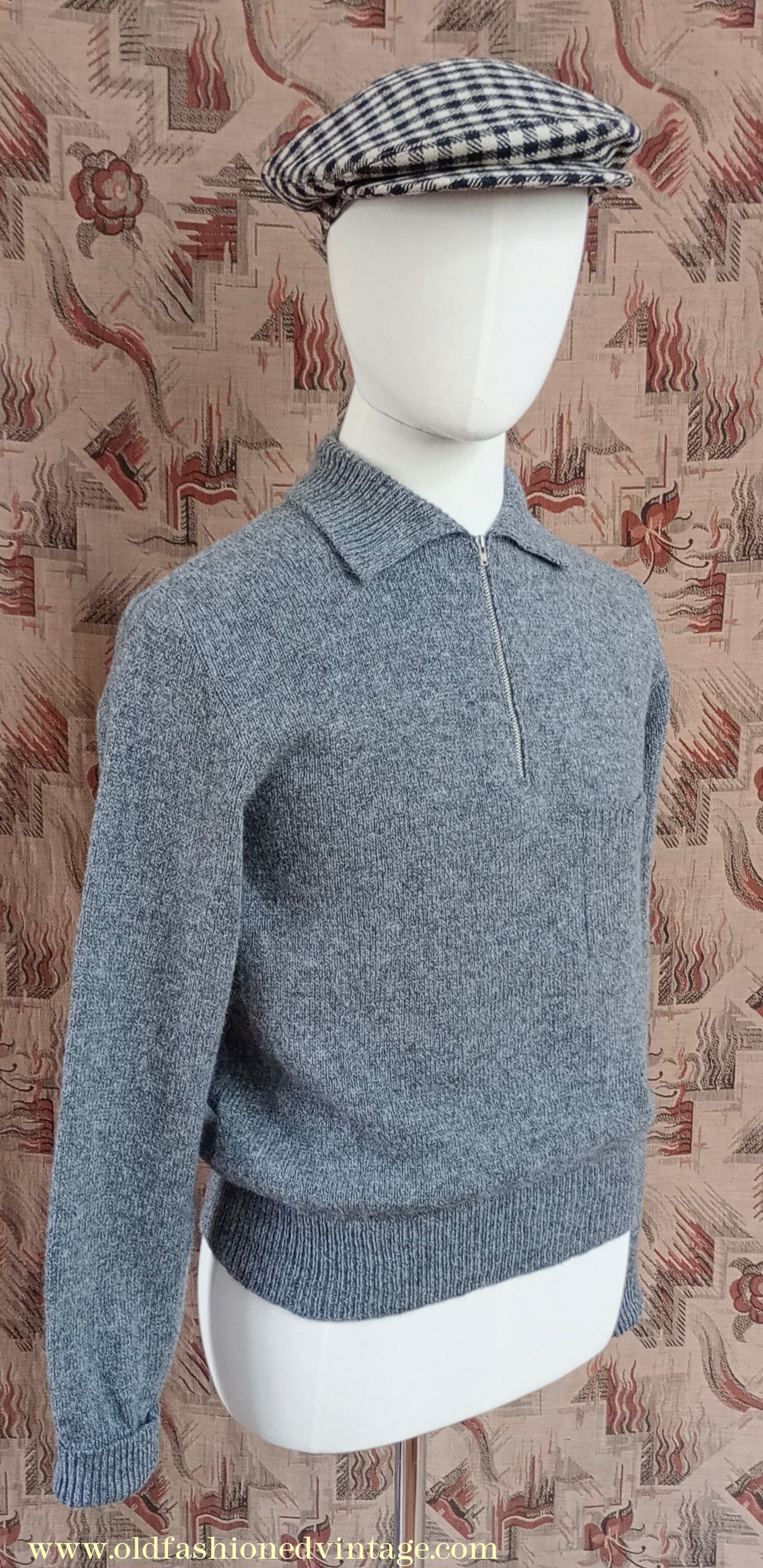 Old Fashioned Garments Vintage Reproduction 1940s Mens Zip Neck Jumper Polo Collar Sweater Lumberjacket Medium