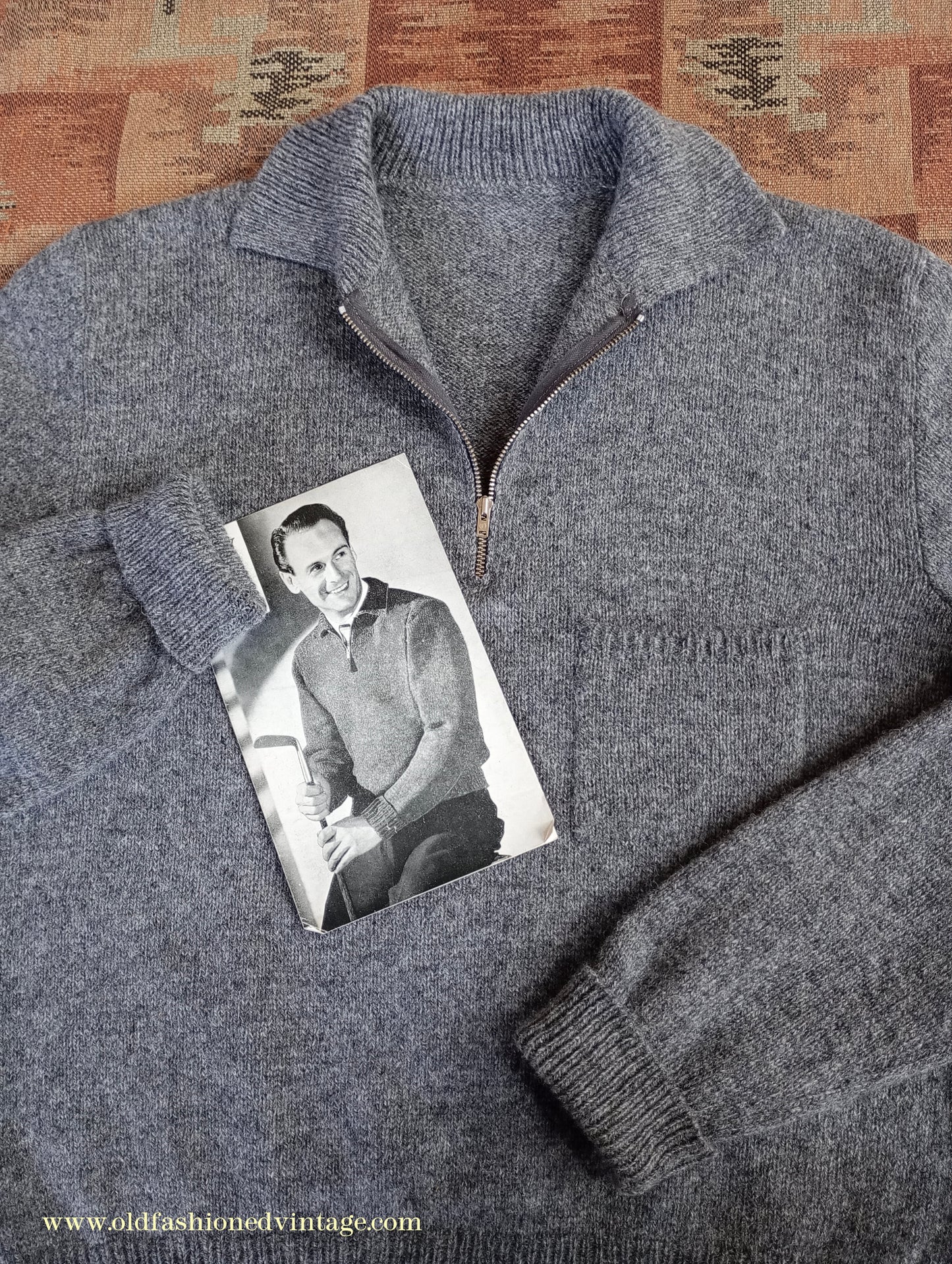 Old Fashioned Garments Vintage Reproduction 1940s Mens Zip Neck Jumper Polo Collar Sweater Lumberjacket Medium
