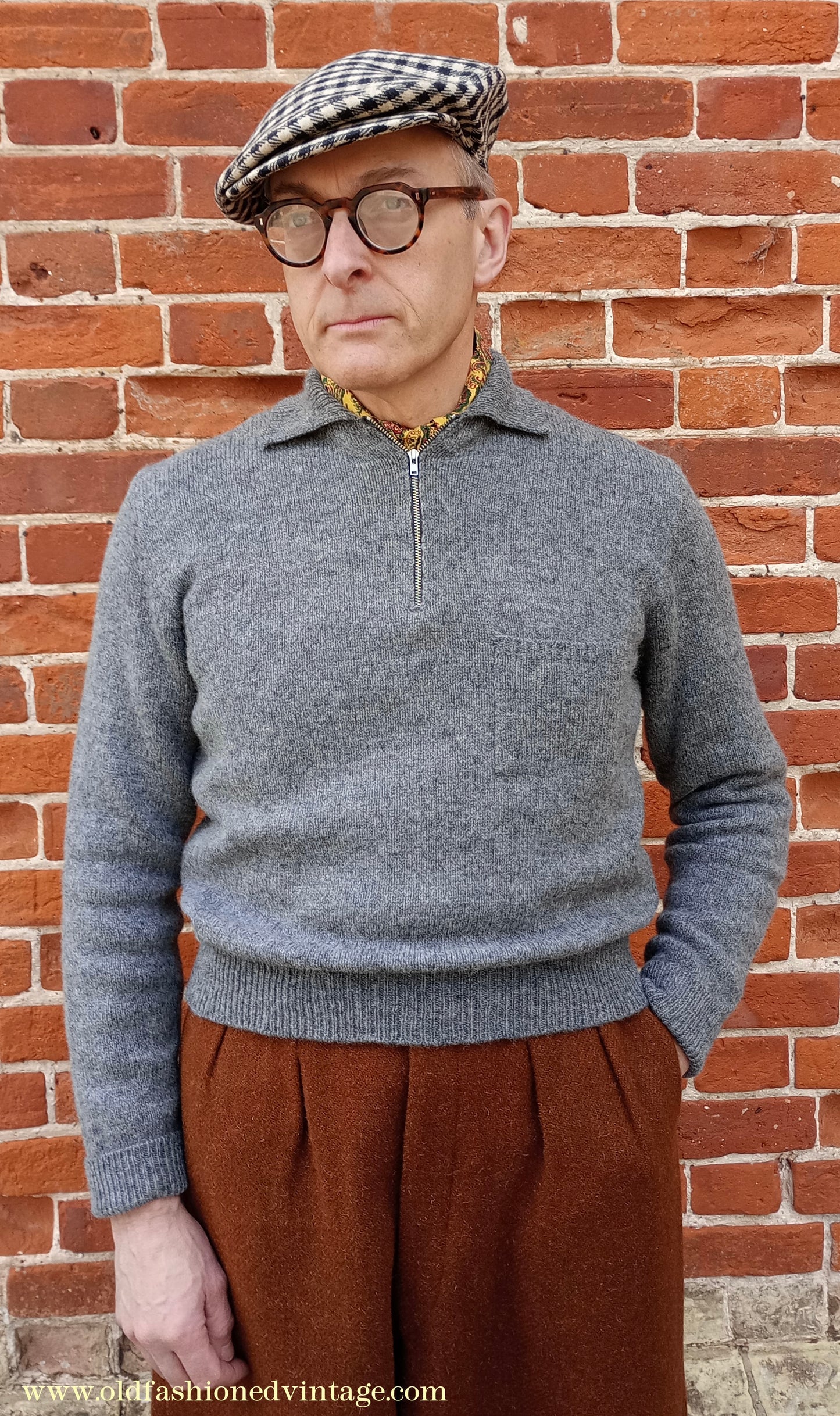 Old Fashioned Garments Vintage Reproduction 1940s Mens Zip Neck Jumper Polo Collar Sweater Lumberjacket Medium